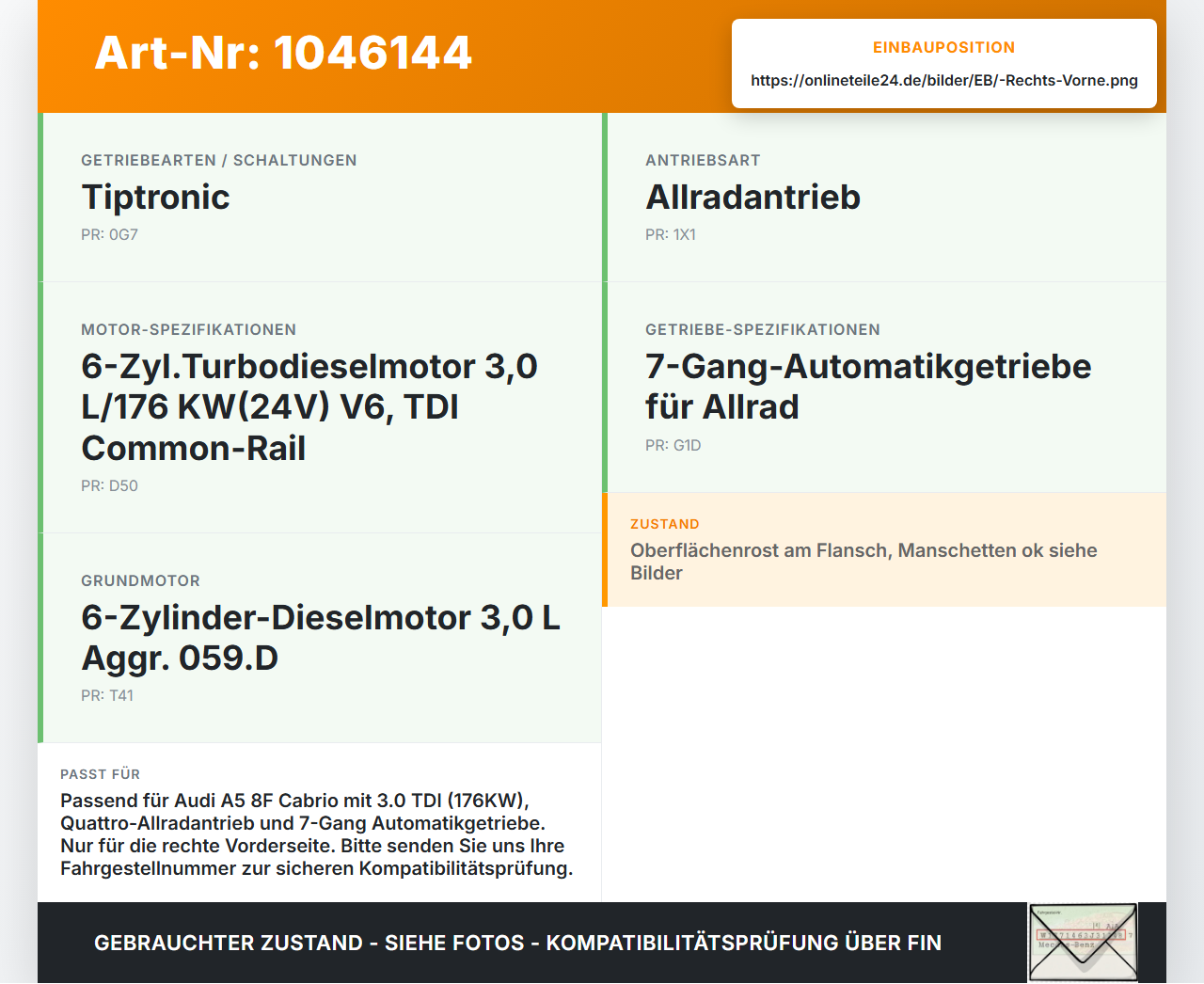 Audi A5 8F Cabrio 09-12 TDI 3,0 176KW Autom 4WD Antriebswelle Gelenkwelle Rechts Vorne Audi A5 8F Cabrio 09-12... Vorschau 3