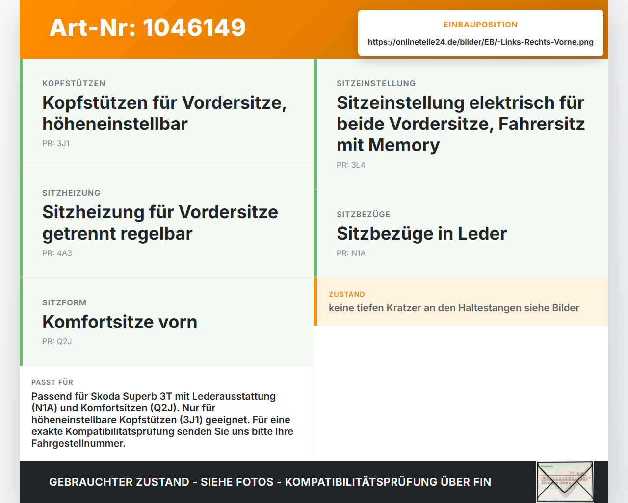 Skoda Superb 3T4 08-13 Lim Kopfstütze für Beifahrer Sitz Rechts oder Links Vorne Leder Skoda Superb 3T4 08-13... Vorschau 3
