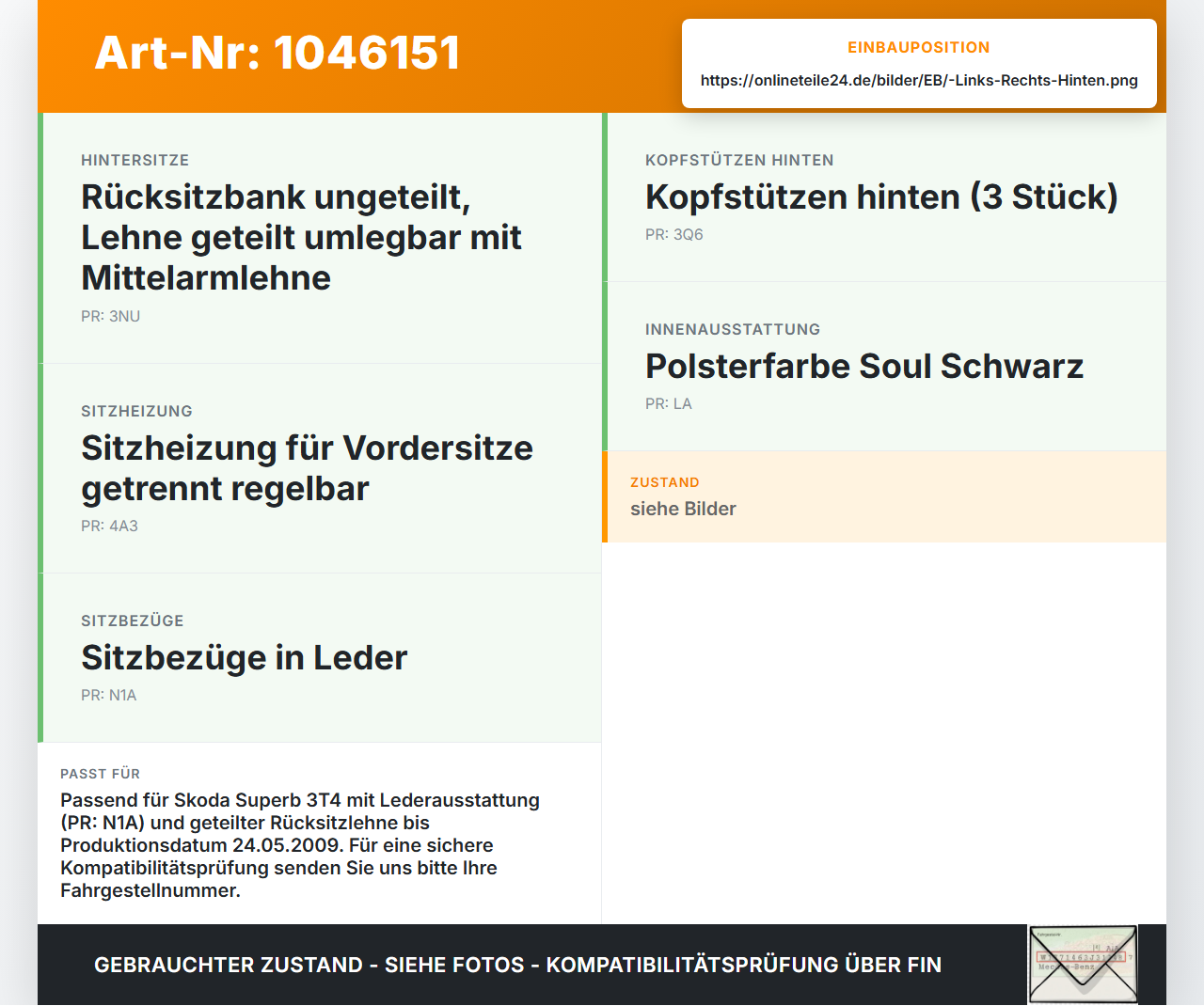 Skoda Superb 3T4 08-13 Kopfstütze Rechts oder Links Hinten Leder Soul Schwarz Skoda Superb 3T4 08-13 20.06.2008... Vorschau 3