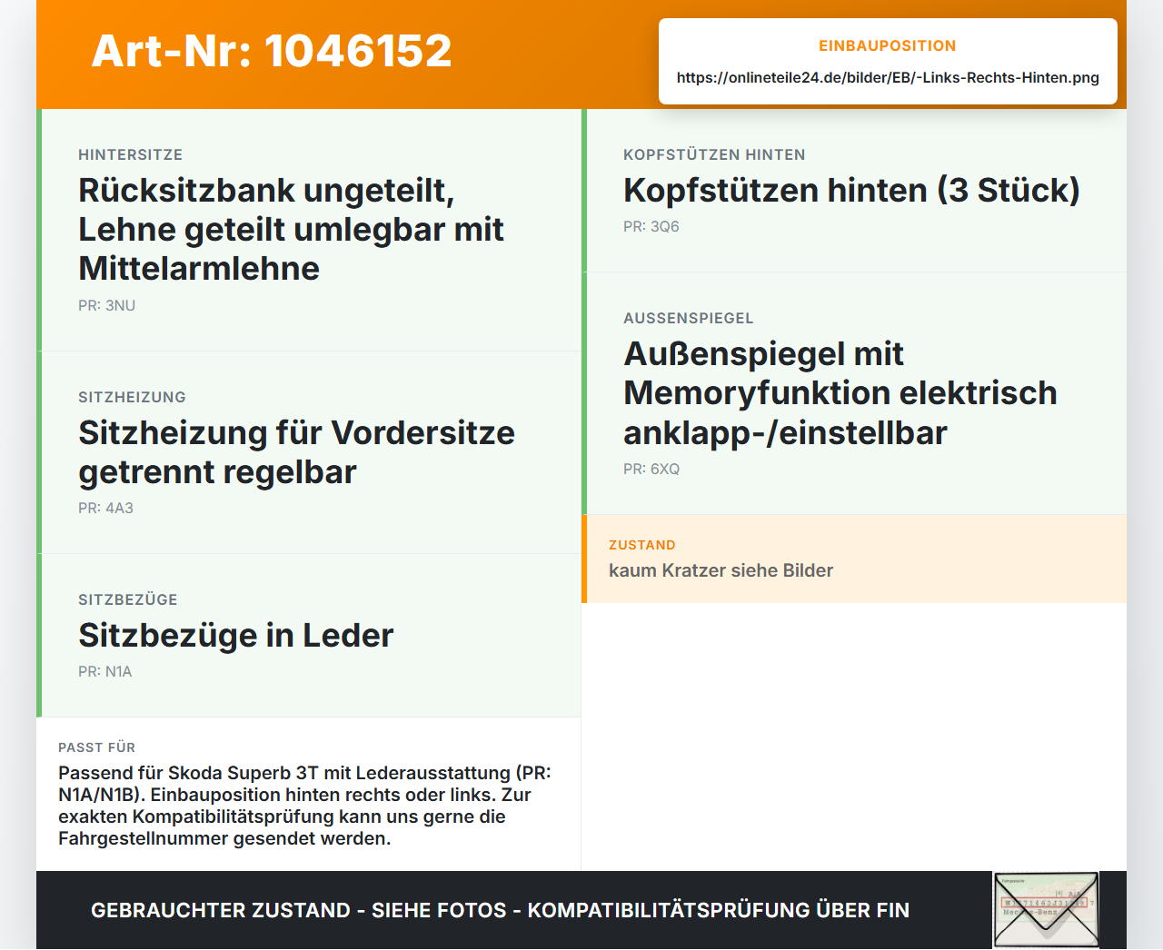 Skoda Superb 3T4 08-13 Kopfstütze Rechts oder Links Hinten Skoda Superb 3T4 08-13 20.06.2008 3T0885901M gebraucht Vorschau 3