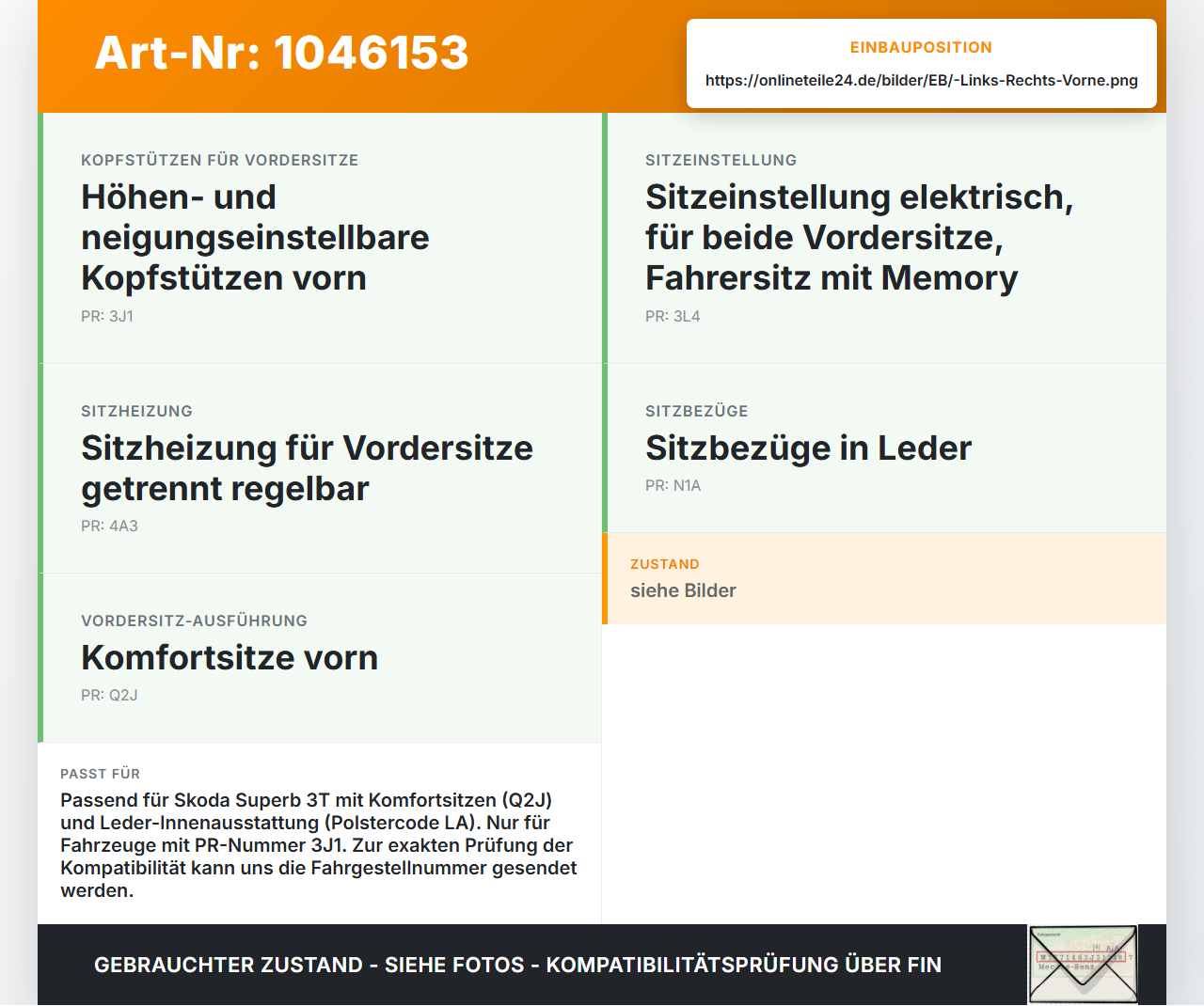 Skoda Superb 3T4 08-13 Kopfstütze für Fahrer Sitz Rechts oder Links Vorne Leder Skoda Superb 3T4 08-13 20.06.2008... Vorschau 3