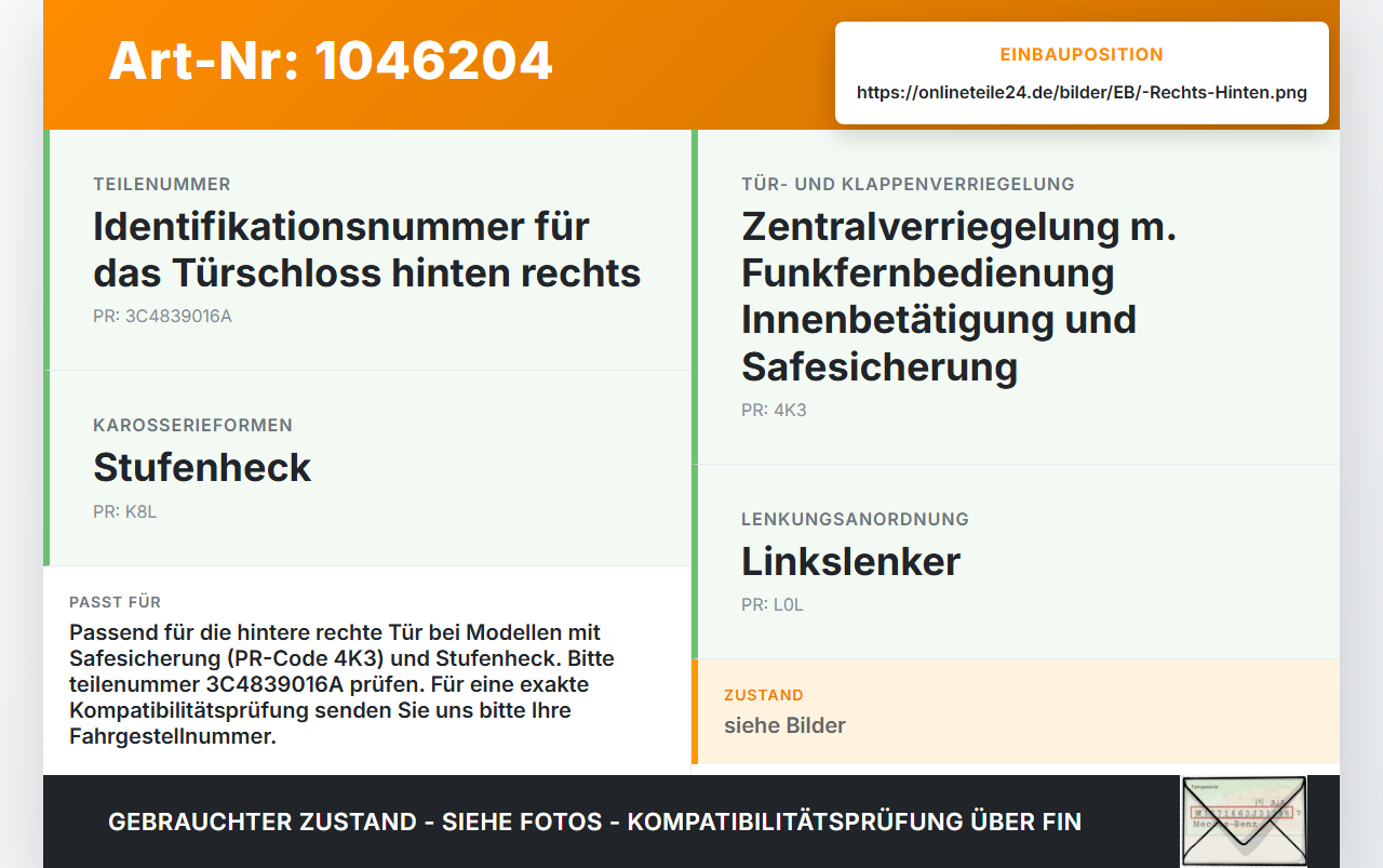 Skoda Superb 3T4 08-13 Lim Türschloss m. ZV Stellmotor Rechts Hinten Skoda Superb 3T4 08-13 20.06.2008 3C4839016A... Vorschau 3