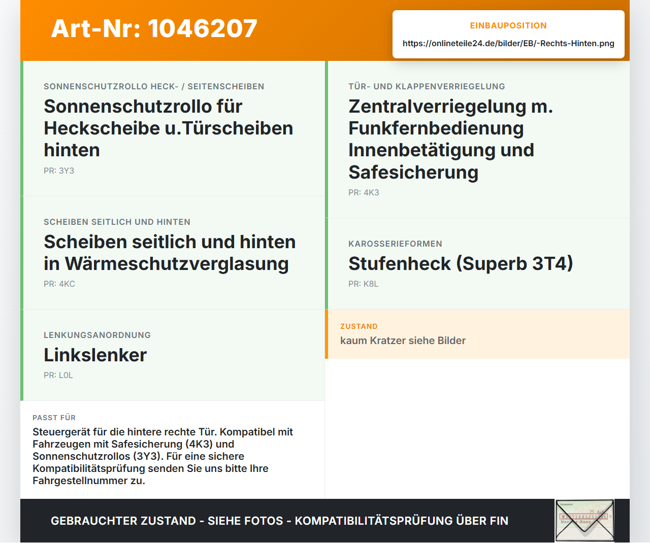 Skoda Superb 3T4 08-13 Steuergerät SG Türsteuergerät Rechts Hinten Skoda Superb 3T4 08-13 20.06.2008 7N0959794... Vorschau 3