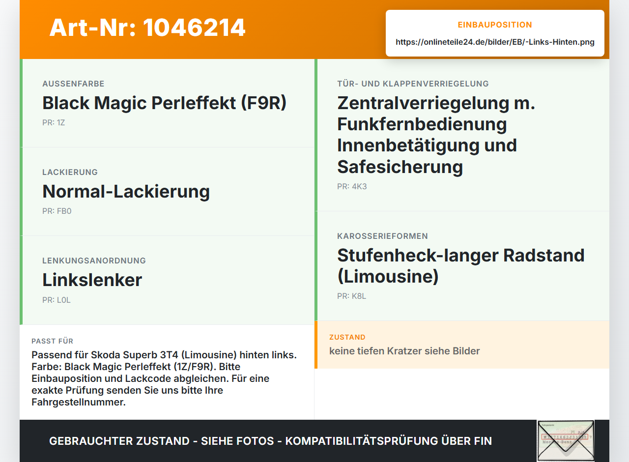 Skoda Superb 3T4 08-13 Lim Türgriff Griff aussen Links Hinten LF9R Skoda Superb 3T4 08-13 20.06.2008 1K8837205A... Vorschau 3