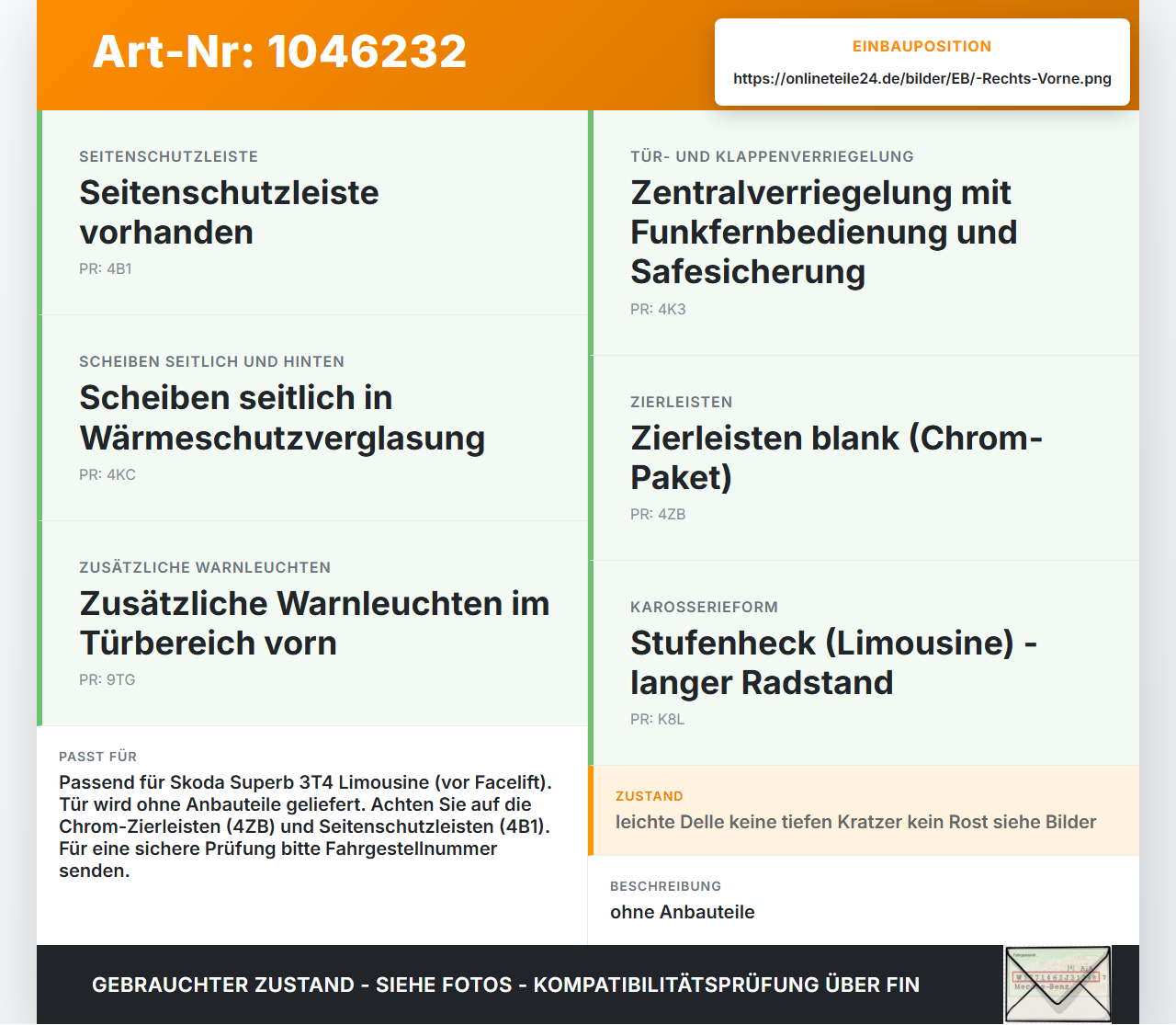 Skoda Superb 3T4 08-13 Lim Tür Beifahrertür Rechts Vorne LF9R Skoda Superb 3T4 08-13 20.06.2008 3T0831056 gebraucht Vorschau 3