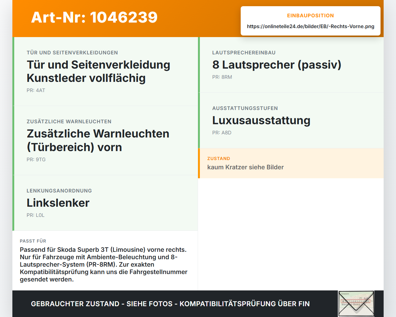 Skoda Superb 3T4 08-13 Lim Türgriff Muschel Griff Innen Rechts Vorne Ambiente Light Skoda Superb 3T4 08-13... Vorschau 3