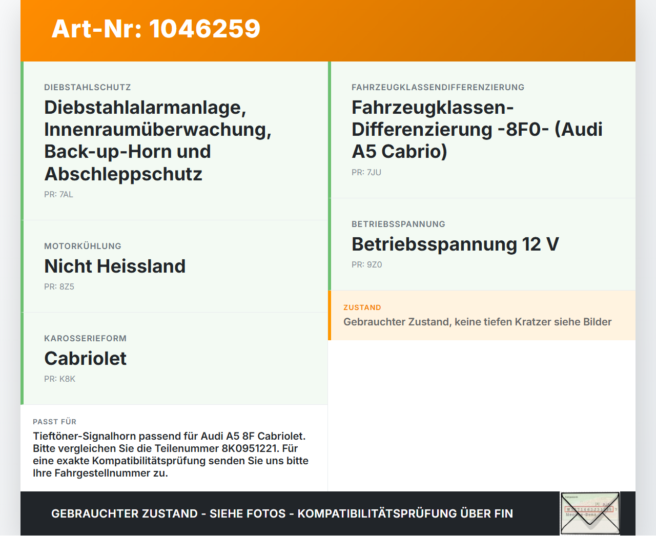 Audi A5 8F Cabrio 09-12 Hupe Signalhorn Tieftöner Audi A5 8F Cabrio 09-12 25.08.2011 8K0951221 00.1165 gebraucht Vorschau 3