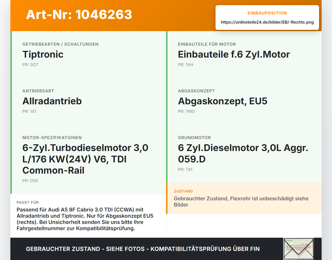 Audi A5 8F Cabrio 09-12 TDI 3,0 176KW Hosenrohr Vorderrohr Abgasrohr Flexrohr Rechts Audi A5 8F Cabrio 09-12... Vorschau 3