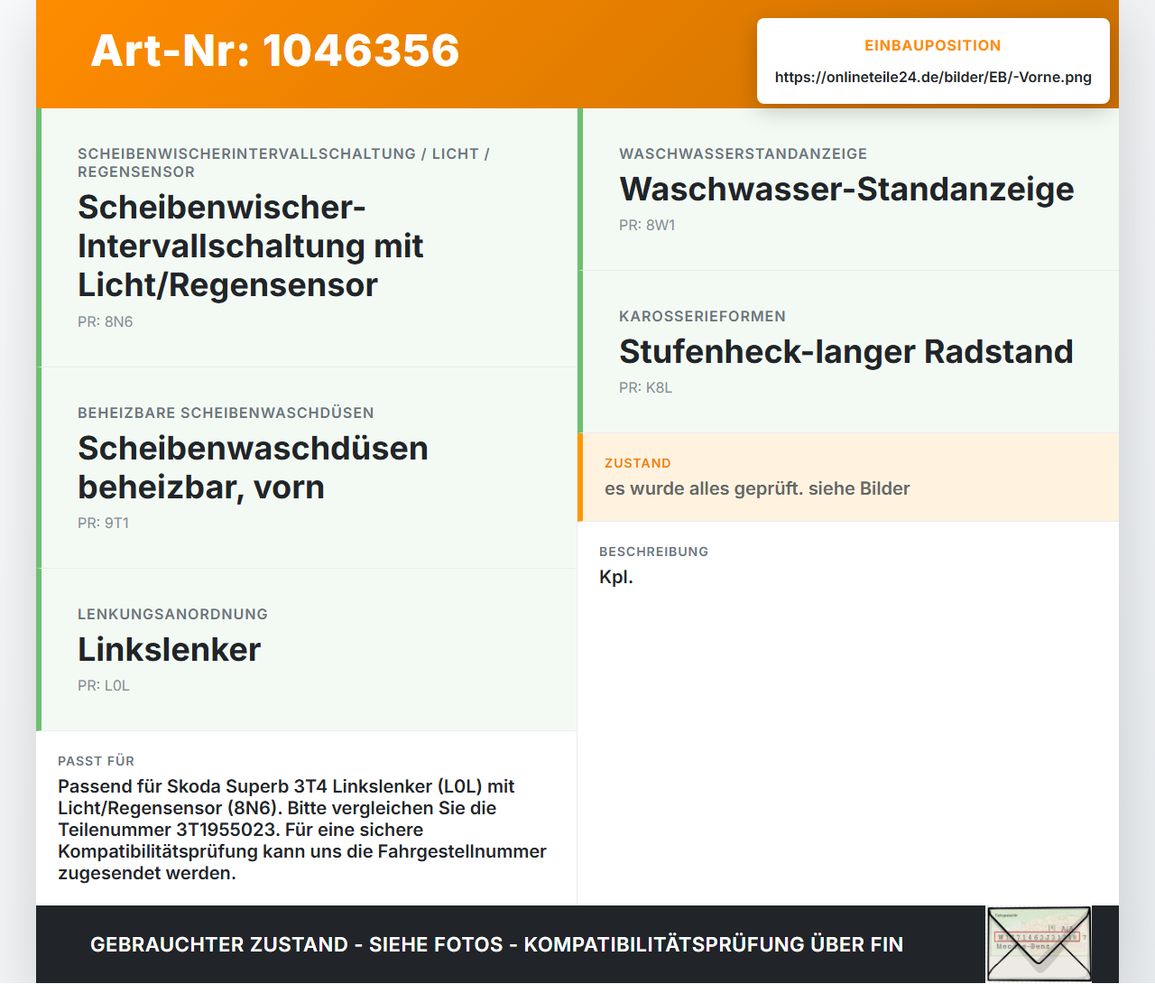 Skoda Superb 3T4 08-13 Wischermotor m. Wischergestänge Vorne Skoda Superb 3T4 08-13 20.06.2008 3T1955119 3397020927... Vorschau 3