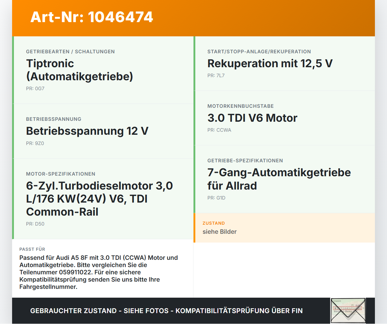 Audi A5 8F Cabrio 09-12 TDI 3,0 176KW Autom Anlasser Starter Audi A5 8F Cabrio 09-12 25.08.2011 059911022 TS22E45... Vorschau 3