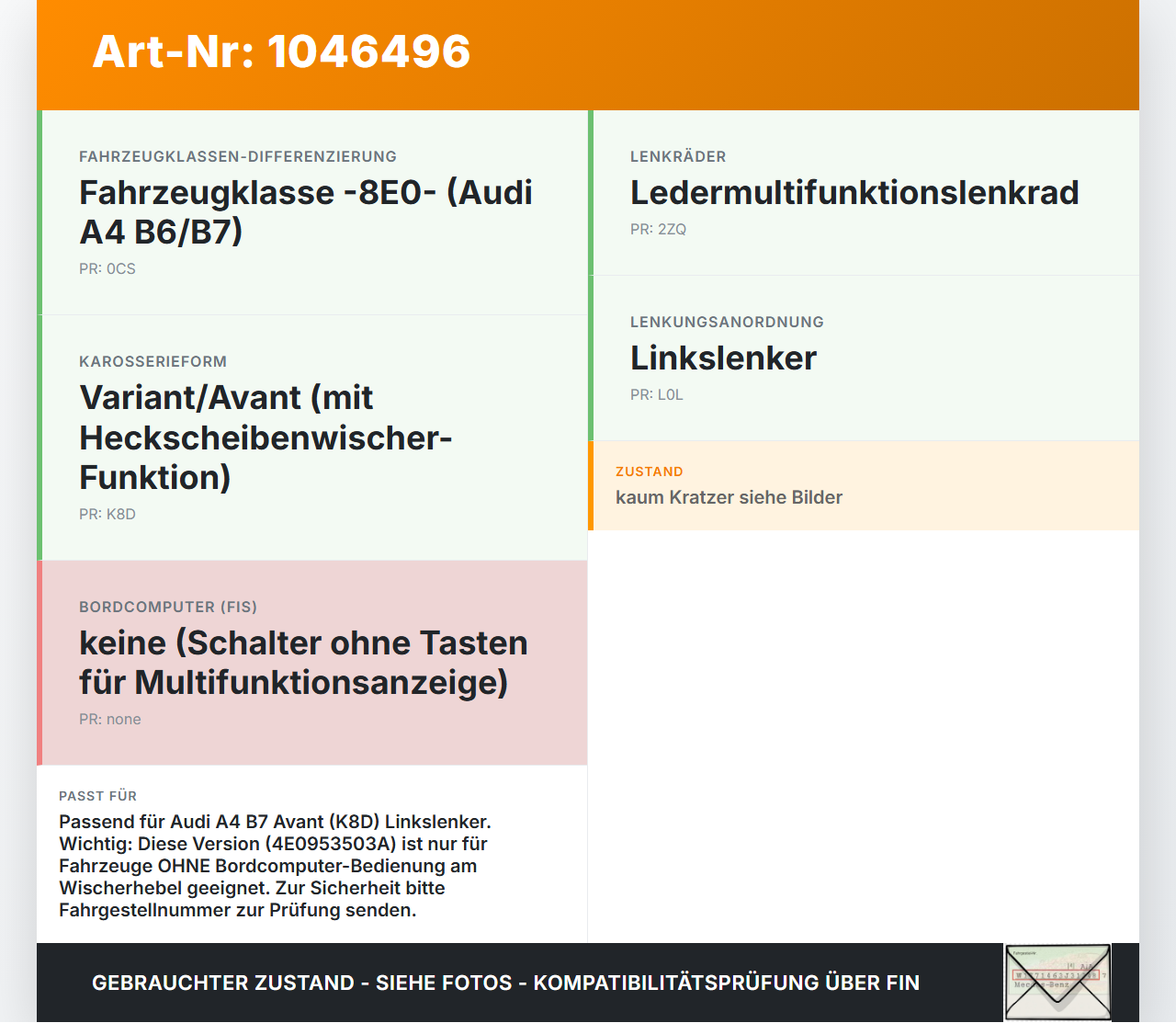 Audi A4 8E B7 04-08 Lenkstockschalter Wischerschalter Wischer Audi A4 8E B7 04-08 12.07.2006 4E0953503A gebraucht Vorschau 3