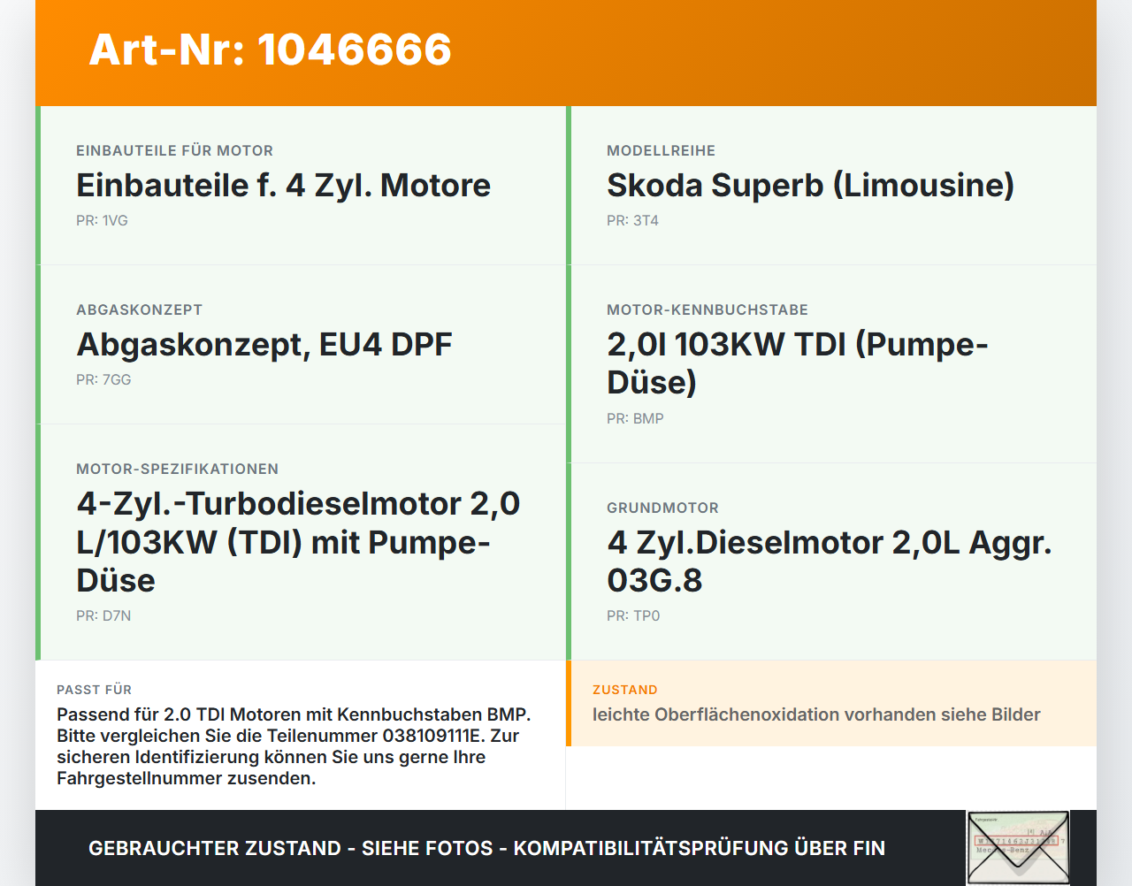 Skoda Superb 3T4 08-13 2,0 103KW BMP Zahnrad Auslassnockenwelle Skoda Superb 3T4 08-13 20.06.2008 038109111E gebraucht Vorschau 3