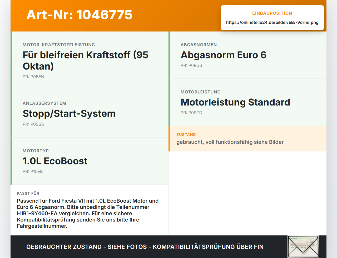 Ford Fiesta VII 17-21 EcoBoost 1.0 74KW Lambdasonde Vorne Ford Fiesta VII 17-21 12.07.2017 H1B1-9Y460-EA... Vorschau 3