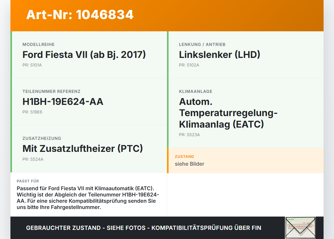 Ford Fiesta VII 17-21 Widerstand Gebläse Lüfter Ford Fiesta VII 17-21 12.07.2017 H1BH-19E624-BA H1BH-19E624-AA gebraucht Vorschau 3
