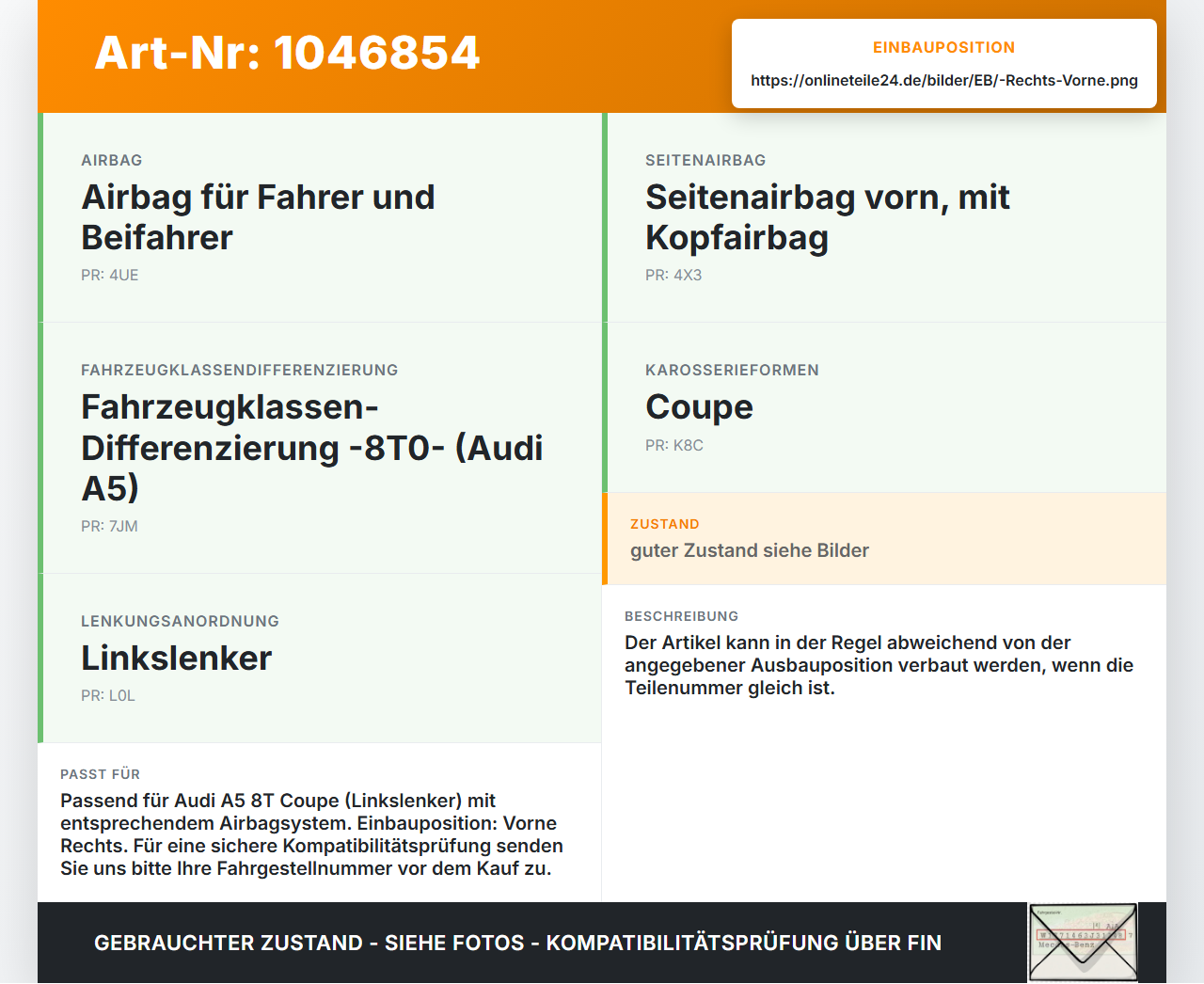 Audi A5 8T S-Line 07-12 Sensor Airbag Crashsensor Airbagsensor Rechts Vorne Audi A5 8T S-Line 07-12 24.06.2009... Vorschau 3