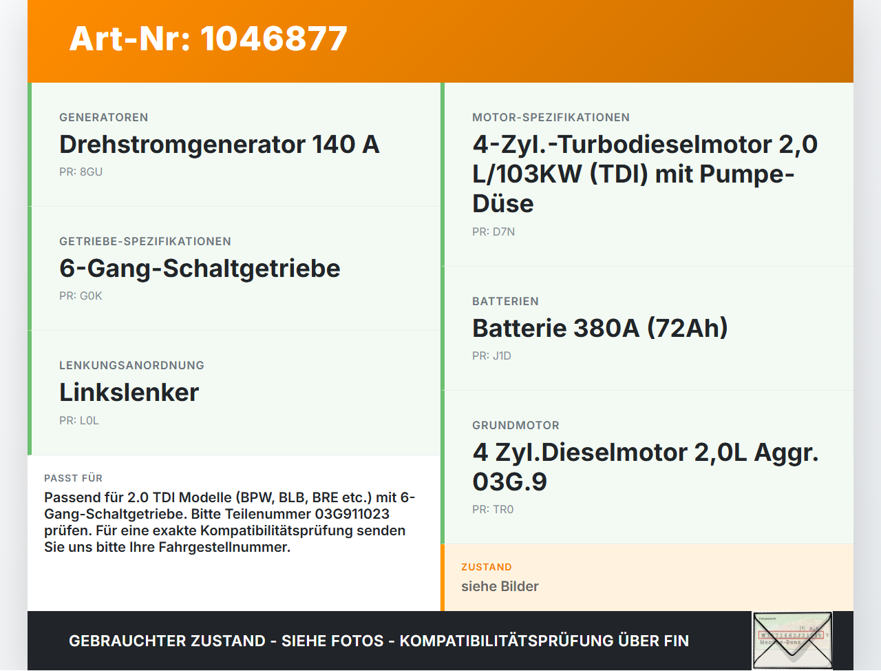 Audi A4 8E B7 04-08 TDI 2,0 103KW Anlasser Starter Audi A4 8E B7 04-08 12.07.2006 03G911023 0001125053 gebraucht Vorschau 3