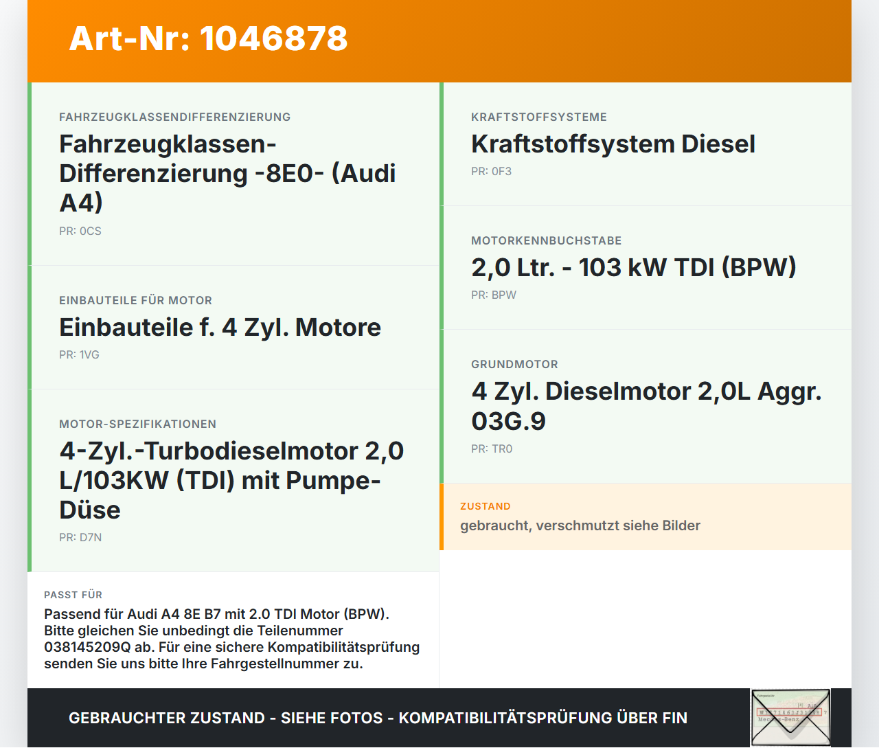 Audi A4 8E B7 04-08 TDI 2,0 103KW BPW Unterdruckpumpe Vakuumpumpe Audi A4 8E B7 04-08 12.07.2006 038145209Q gebraucht Vorschau 3