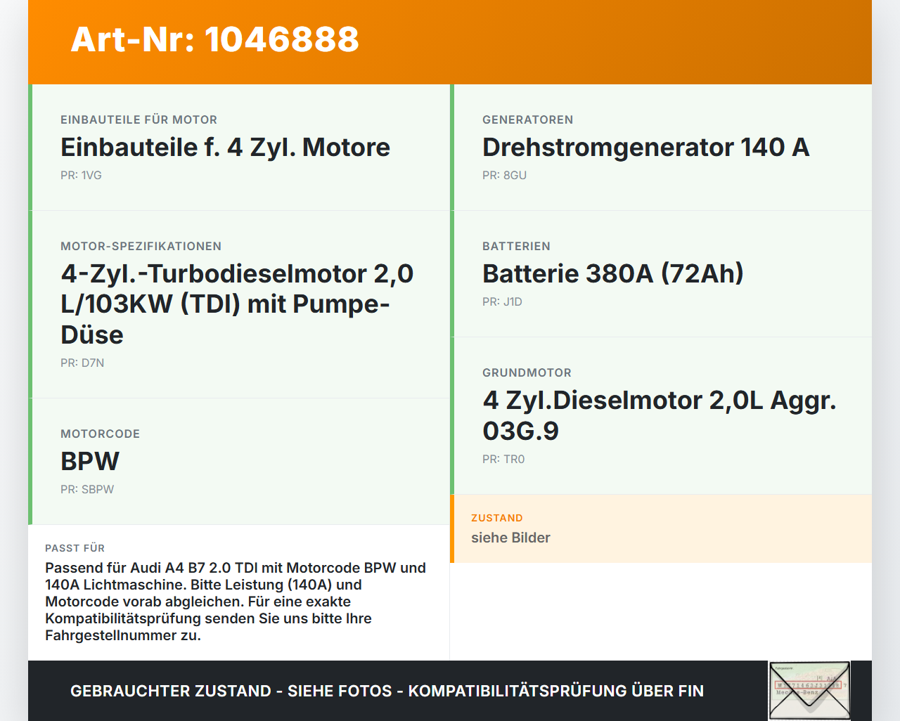 Audi A4 8E B7 04-08 TDI 2,0 103KW Lichtmaschine Generator 140A 14V Audi A4 8E B7 04-08 12.07.2006 A2123502208... Vorschau 3