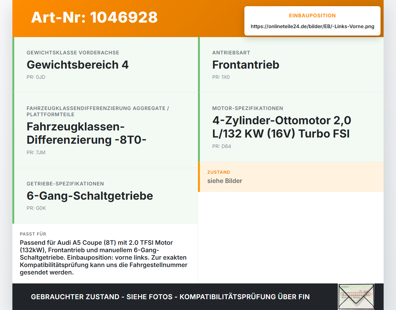 Audi A5 8T S-Line 07-12 2,0 132KW Antriebswelle Gelenkwelle Links Vorne Audi A5 8T S-Line 07-12 24.06.2009... Vorschau 3