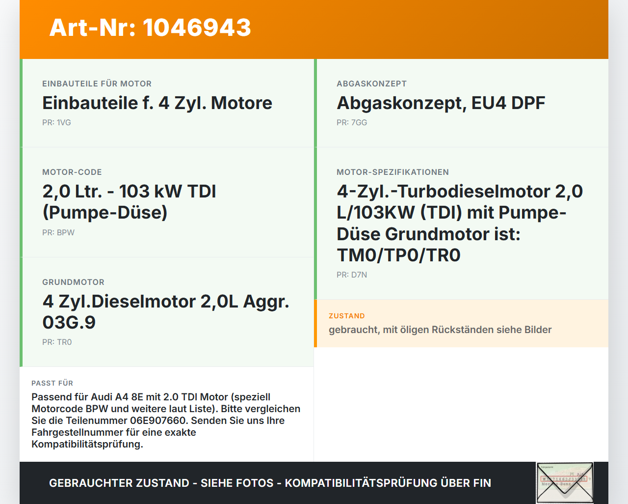 Audi A4 8E B7 04-08 TDI 2,0 103KW Sensor Ölstandsensor Audi A4 8E B7 04-08 12.07.2006 6PR008079-05 06E907660 gebraucht Vorschau 3