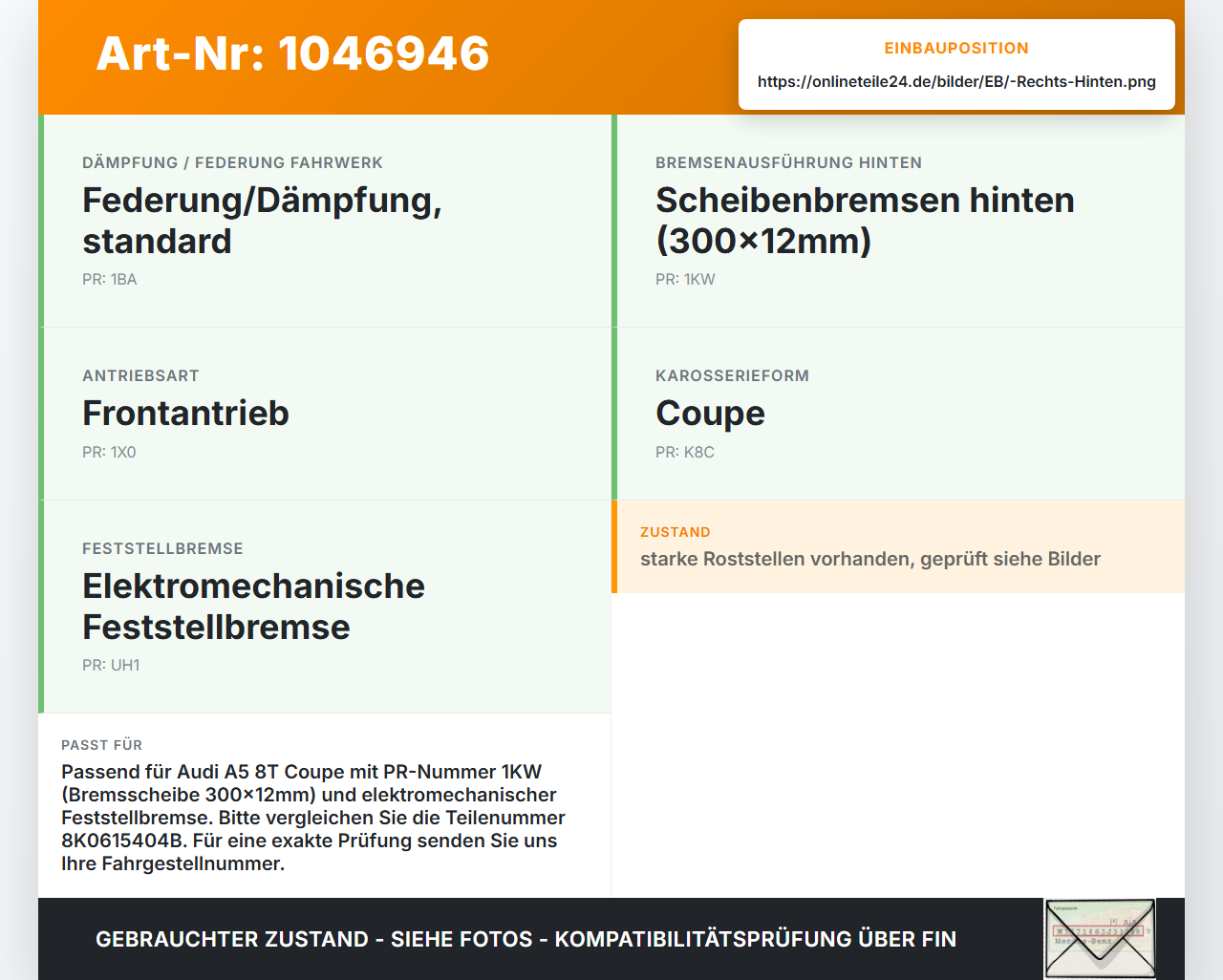 Audi A5 8T S-Line 07-12 2,0 132KW Bremssattel Bremszange Hinten Rechts Audi A5 8T S-Line 07-12 24.06.2009... Vorschau 3