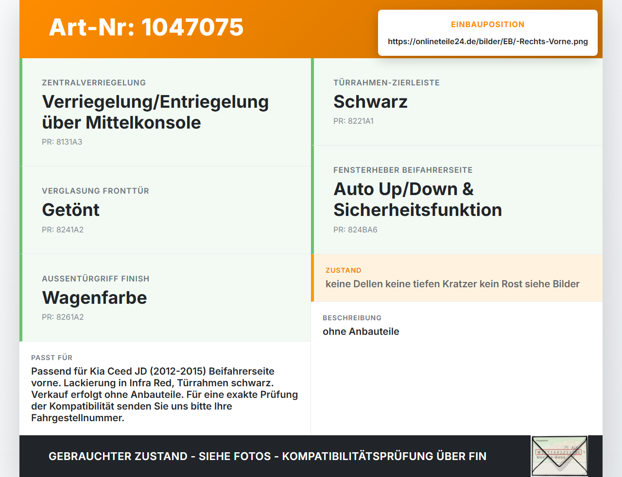 Kia Ceed JD 12-15 Lim Tür Beifahrertür Rechts Vorne A0 Kia Ceed JD 12-15 28.03.2013 76004A2000 gebraucht Vorschau 3