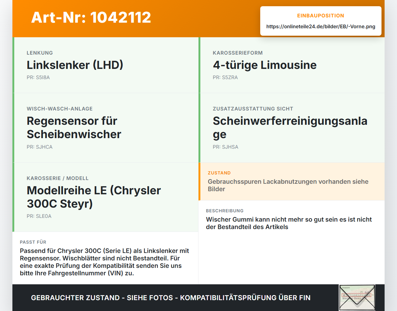 Chrysler 300C LE 04-07 2x Scheibenwischer Wischarm Vorne Chrysler 300C LE 04-07 07.08.2007 gebraucht Vorschau 3