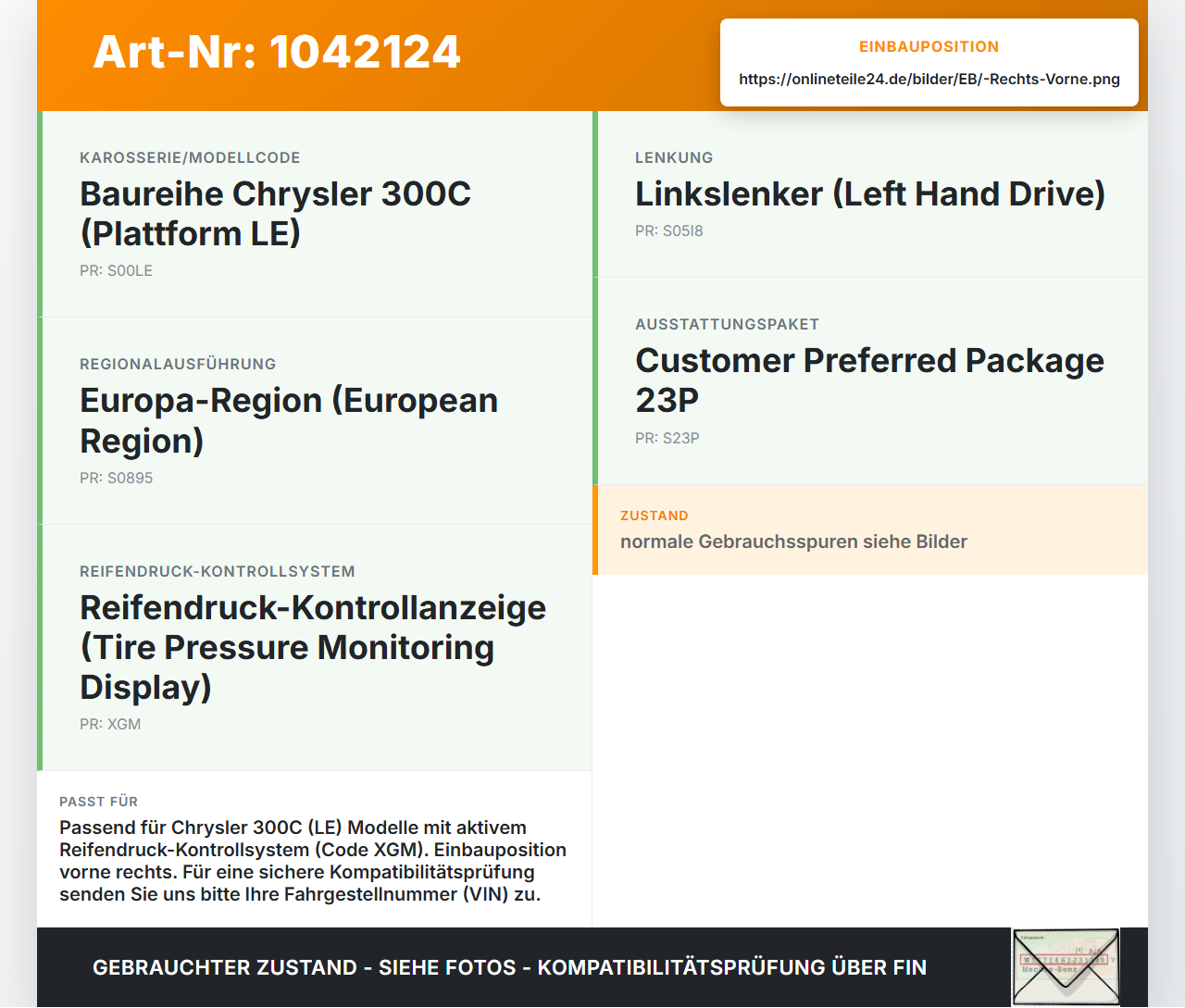 Chrysler 300C LE 04-07 Empfänger Antenne für Reifendrucksensor Rechts Vorne Chrysler 300C LE 04-07 07.08.2007... Vorschau 3