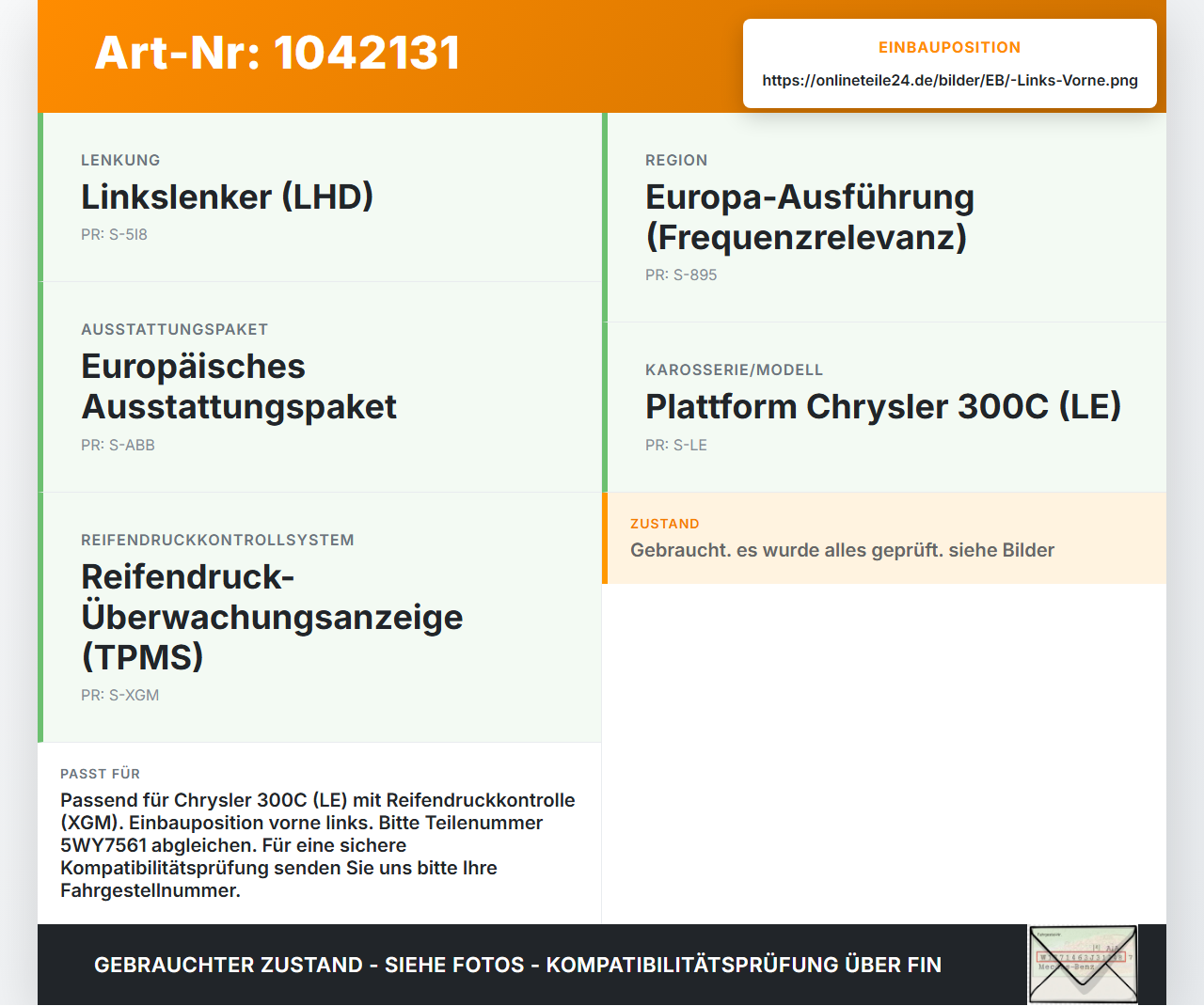 Chrysler 300C LE 04-07 Empfänger Antenne für Reifendrucksensor Links Vorne Chrysler 300C LE 04-07 07.08.2007... Vorschau 3