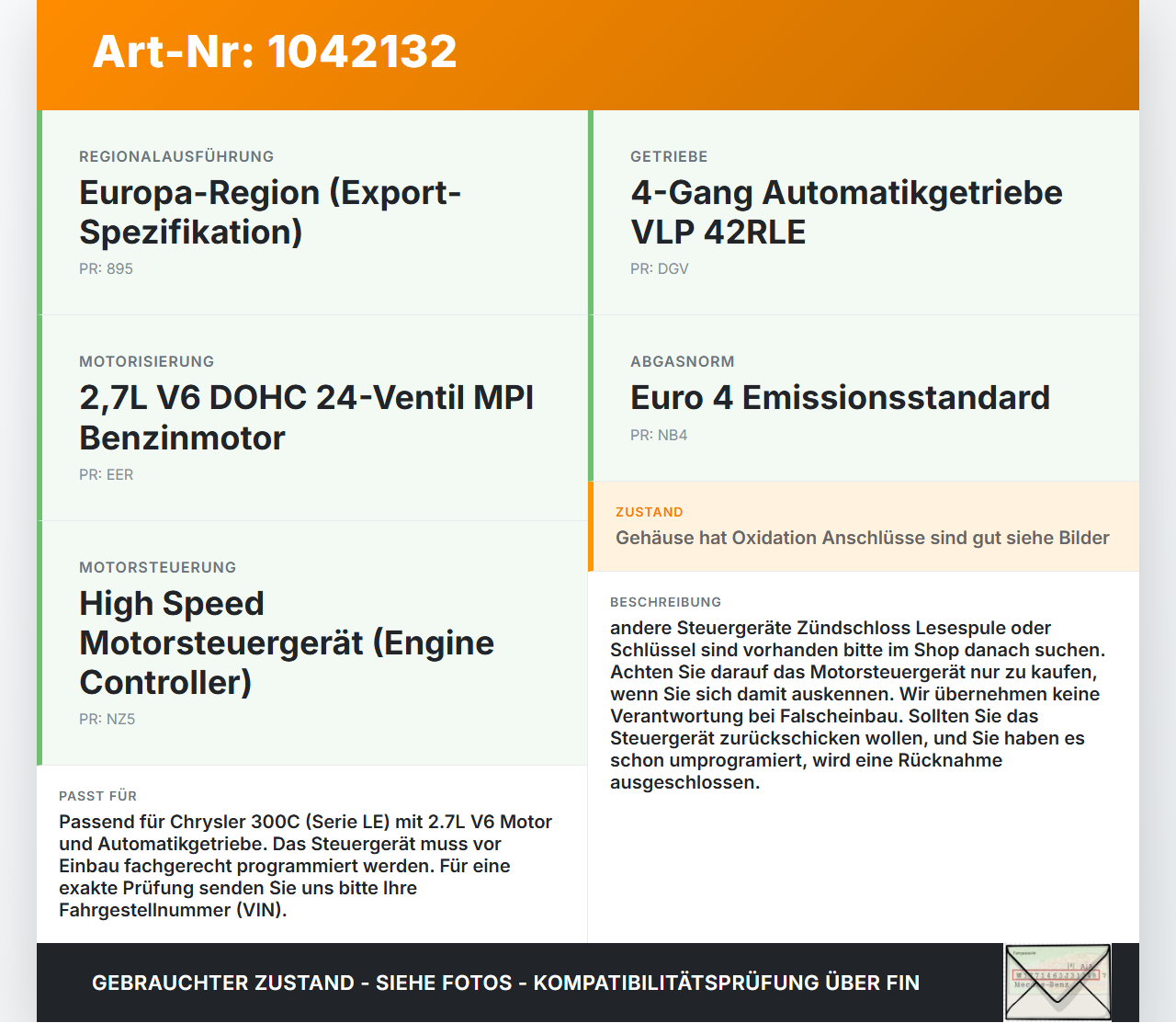 Chrysler 300C LE 04-07 2,7 142KW Motorsteuergerät ECU PCM Computer Chrysler 300C LE 04-07 07.08.2007 P05094928AE... Vorschau 3