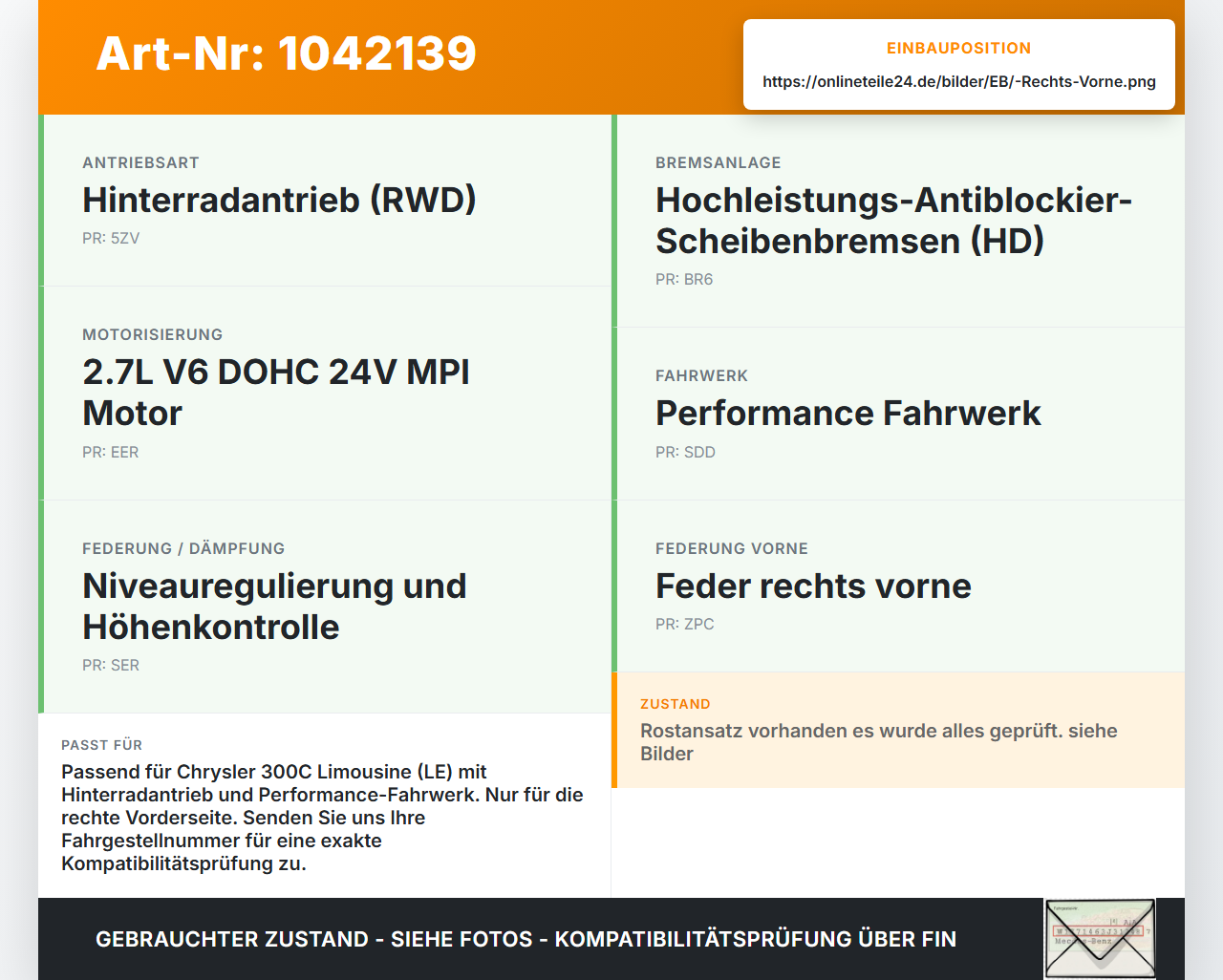 Chrysler 300C LE 04-07 Lim Federbein Stossdämpfer Vorne Rechts Chrysler 300C LE 04-07 07.08.2007 gebraucht Vorschau 3
