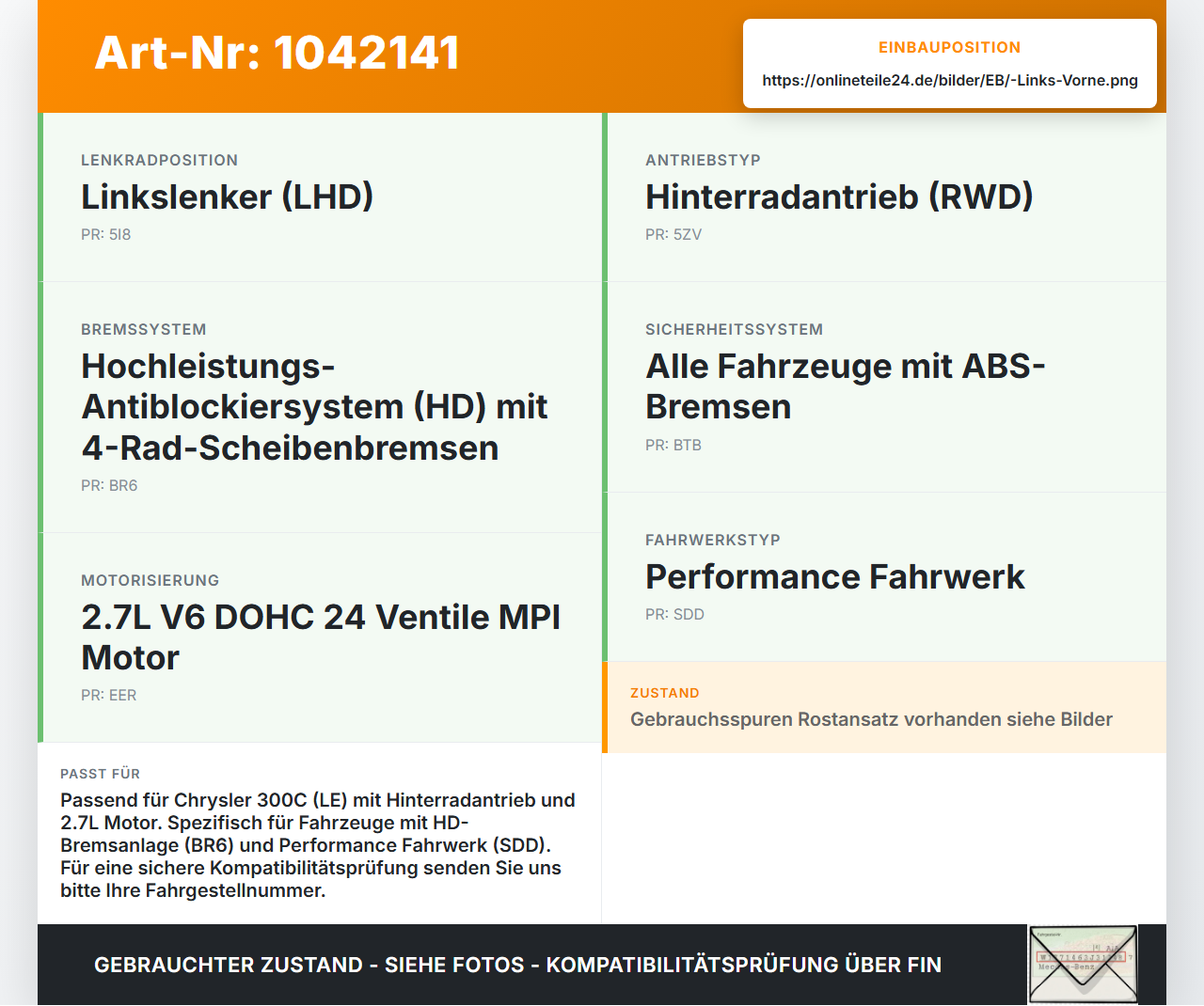 Chrysler 300C LE 04-07 2,7 142KW Achsschenkel Radnabe Radlager Vorne Links ABS Chrysler 300C LE 04-07 07.08.2007... Vorschau 3