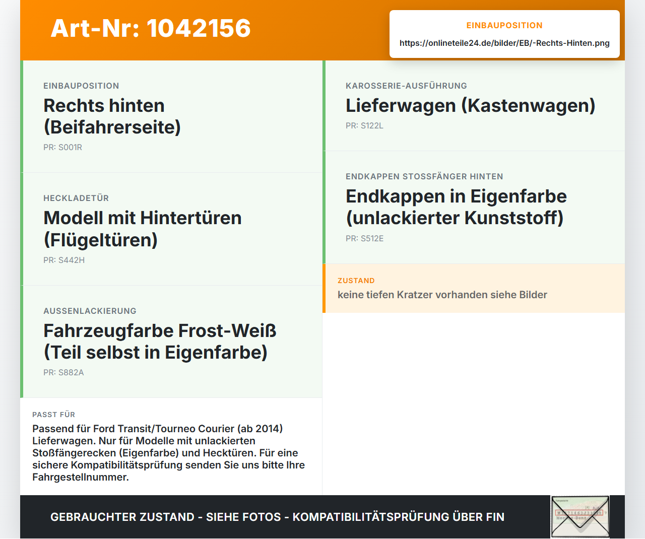 Ford Transit Courier 14-18 Kasten Seitenteil für Stoßstange Stoßfänger Kotflügel Rechts Hinten EN Ford Transit... Vorschau 3