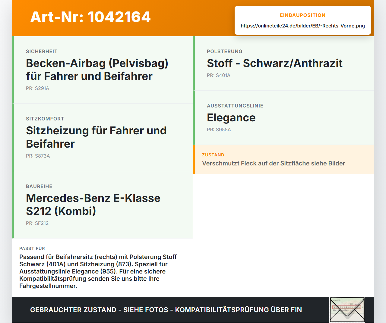 Mercedes S212 E350d 13-16 Kombi Sitzbezug Sitzpolster für Beifahrersitz Rechts Vorne beheizt Mercedes S212 E350d... Vorschau 3