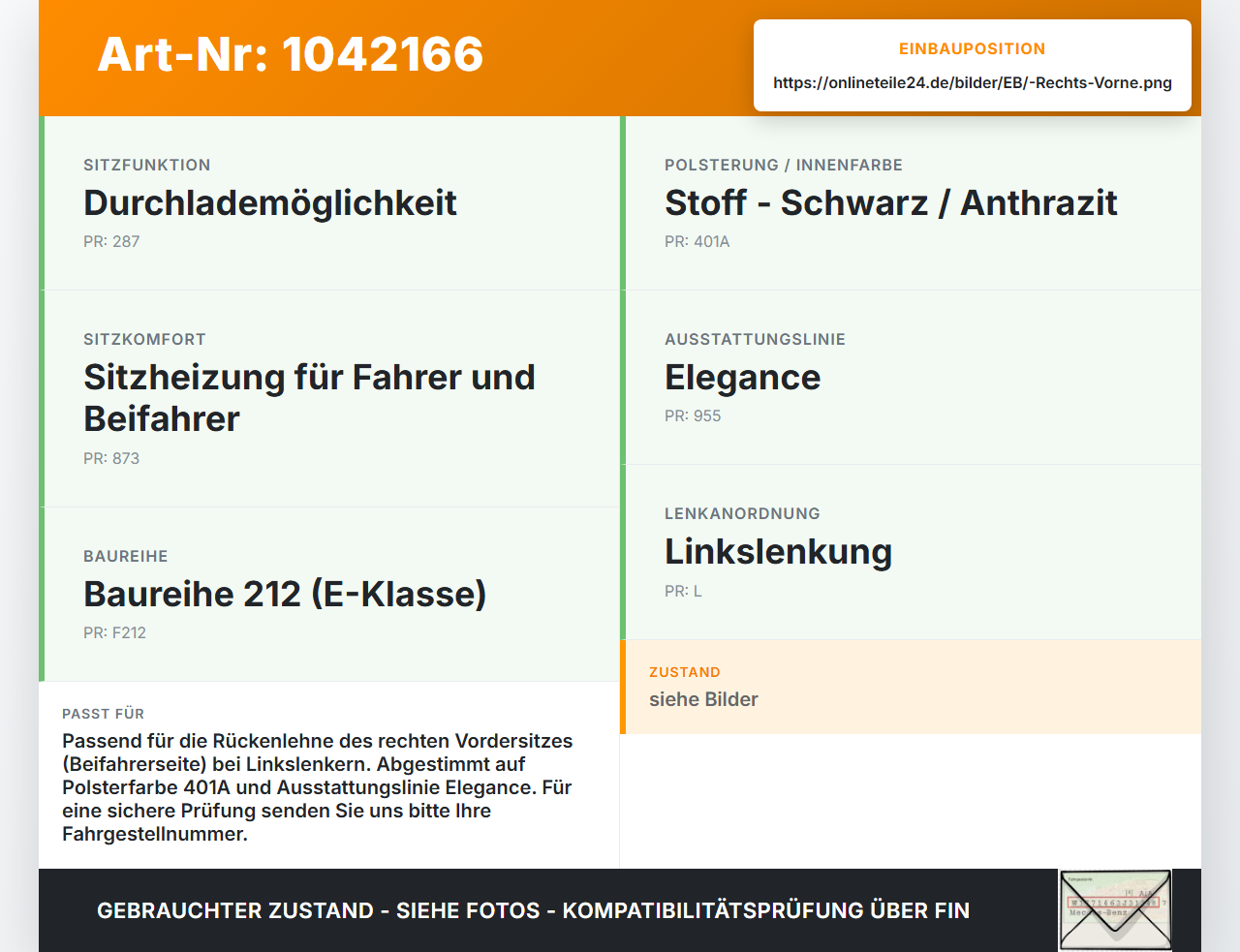 Mercedes S212 E350d 13-16 Kombi Blende Innen Rückenblende für Fahrer Sitz Rechts Vorne Mercedes S212 E350d 13-16... Vorschau 3