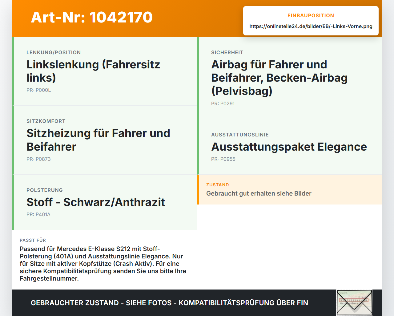 Mercedes S212 E350d 13-16 Kopfstütze für Fahrer Sitz Links Vorne Crash Aktiv Mercedes S212 E350d 13-16 18.02.2010... Vorschau 3