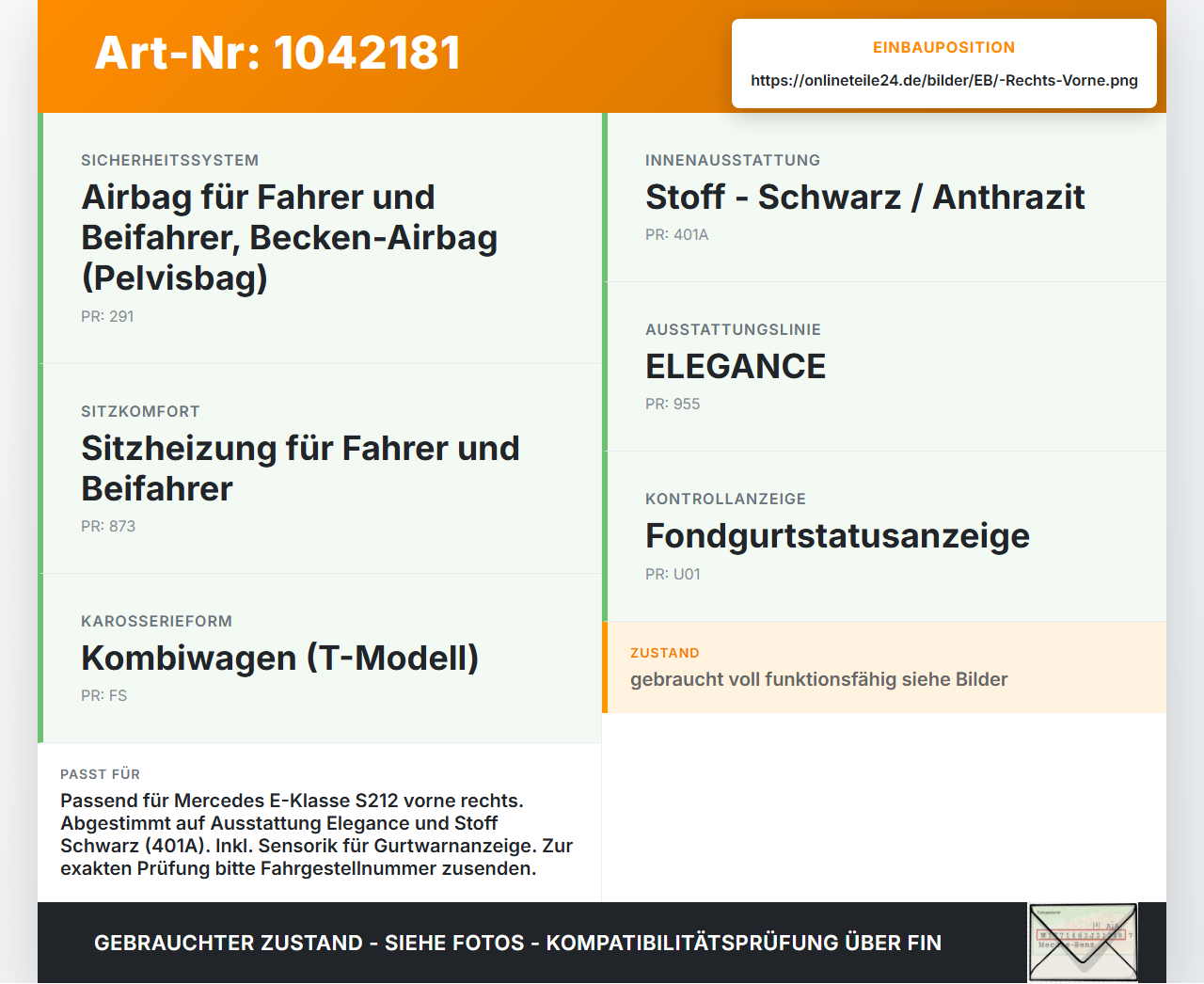 Mercedes S212 E350d 13-16 Kombi Gurtschloss Rechts Vorne Mercedes S212 E350d 13-16 18.02.2010 A2128601369 gebraucht Vorschau 3