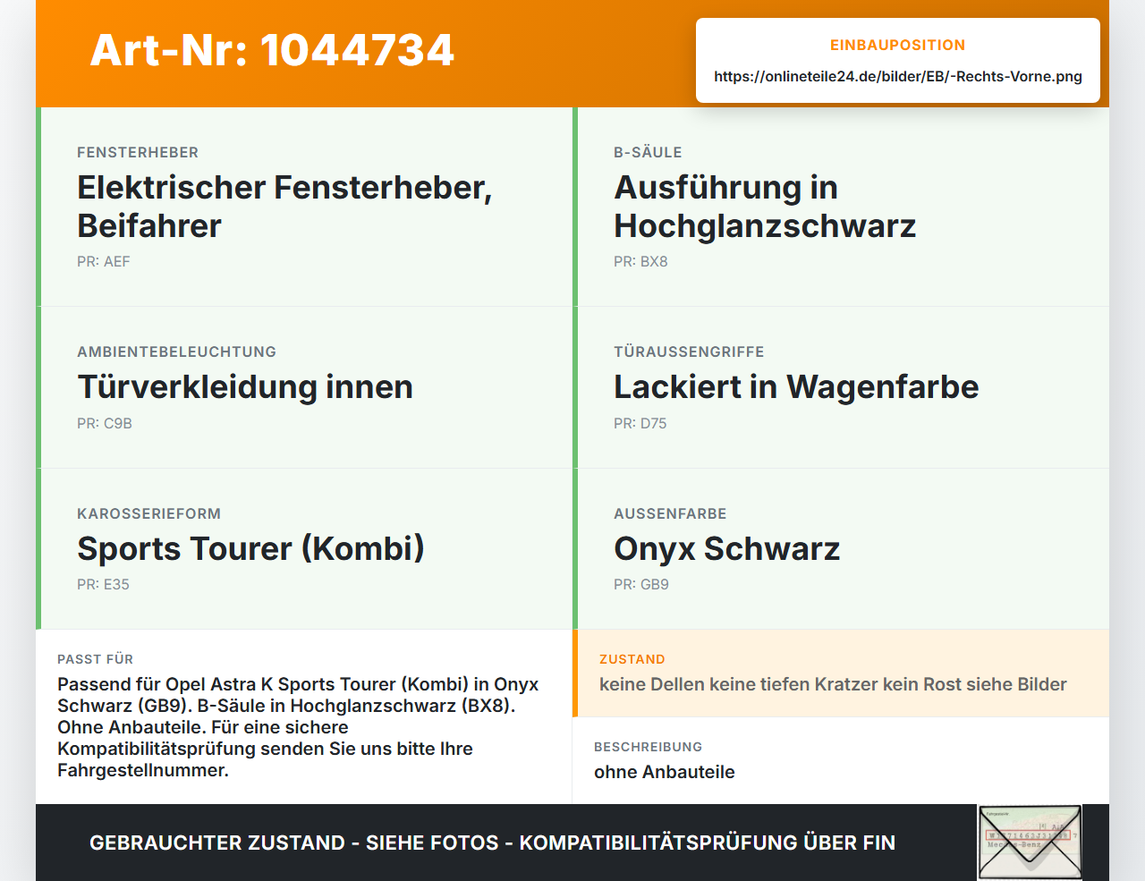 Opel Astra K B16 15-19 Kombi Tür Beifahrertür Rechts Vorne GB9 Opel Astra K B16 15-19 07.06.2017 39028990 gebraucht Vorschau 3