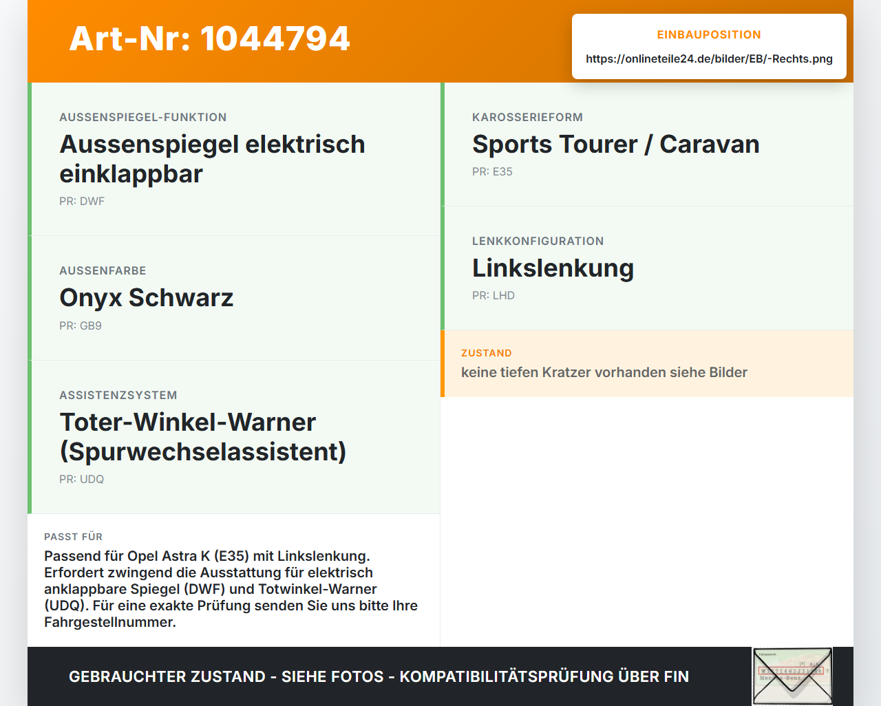 Opel Astra K B16 15-19 Spiegel Aussenspiegel Rechts Totwinkelassistent GB9 Opel Astra K B16 15-19 07.06.2017... Vorschau 3