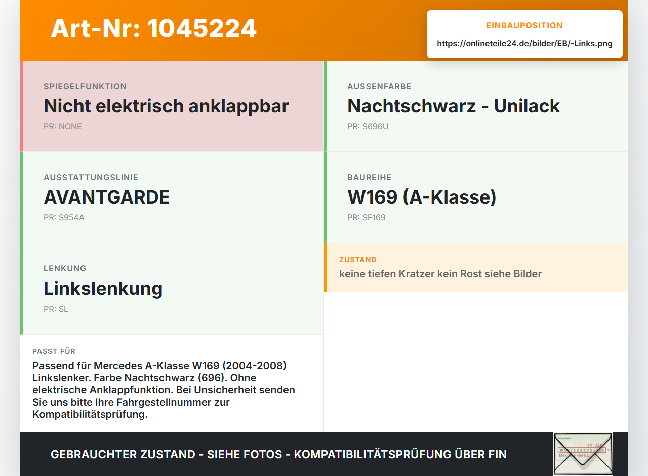 Mercedes A200 W169 04-08 Spiegel Aussenspiegel Links 696 Mercedes A200 W169 04-08 12.08.2005 A1698100376 gebraucht Vorschau 3