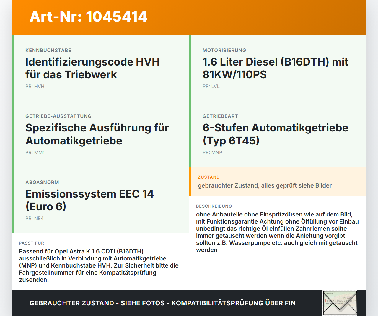Opel Astra K B16 15-19 CDTI 1,6 81KW LVL B16DTH HVH Motor Triebwerk Opel Astra K B16 15-19 07.06.2017 55498667 gebraucht Vorschau 3
