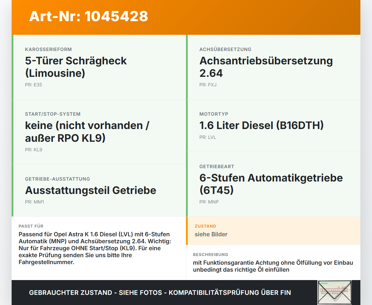 Opel Astra K B16 15-19 CDTI 1,6 81KW MNP 6T45 Automatikgetriebe Getriebe ohne Wandler 6T45 7RVW MHG 2,64 Opel Astra... Vorschau 3