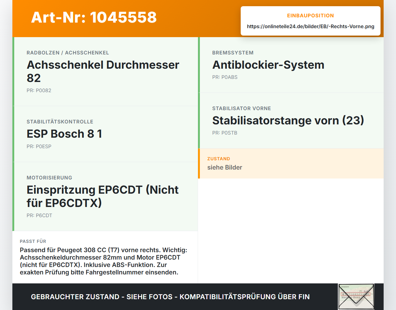 Peugeot 308 I CC 11-15 THP 1,6 115KW Achsschenkel Radnabe mit ABS Rechts Vorne Peugeot 308 I CC 11-15 20.04.2012... Vorschau 3
