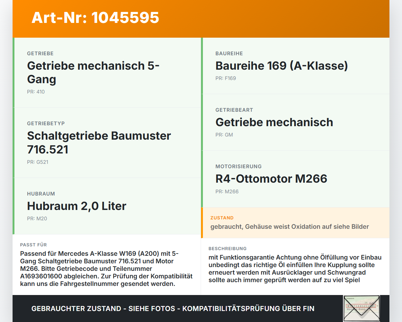 Mercedes A200 W169 04-08 2,1 85KW 716521 Schaltgetriebe Getriebe 716521 Mercedes A200 W169 04-08 12.08.2005... Vorschau 3