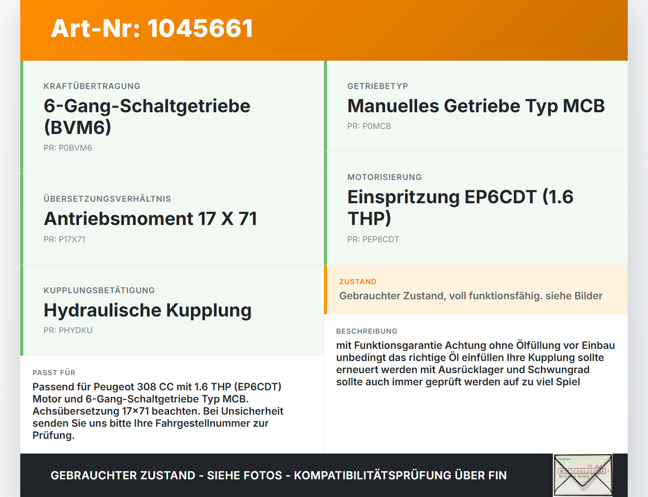 Peugeot 308 I CC 11-15 THP 1,6 115KW EA12 Schaltgetriebe Getriebe EA12 Peugeot 308 I CC 11-15 20.04.2012 2231E0... Vorschau 3