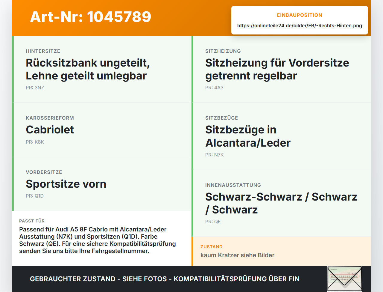 Audi A5 8F Cabrio 09-12 Cabrio Sitzbezug Rückenpolster Rechts für Rücksitzbank Hinten Audi A5 8F Cabrio 09-12... Vorschau 3