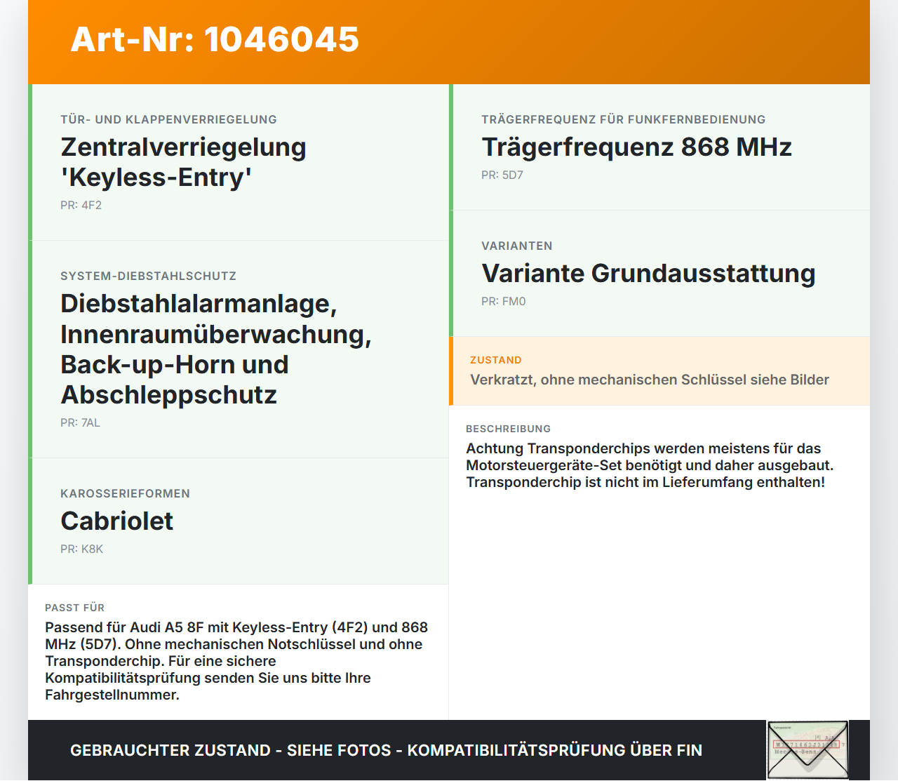 Audi A5 8F Cabrio 09-12 Fernbedienung Funk Funkschlüssel Audi A5 8F Cabrio 09-12 25.08.2011 8K0959754D gebraucht Vorschau 3