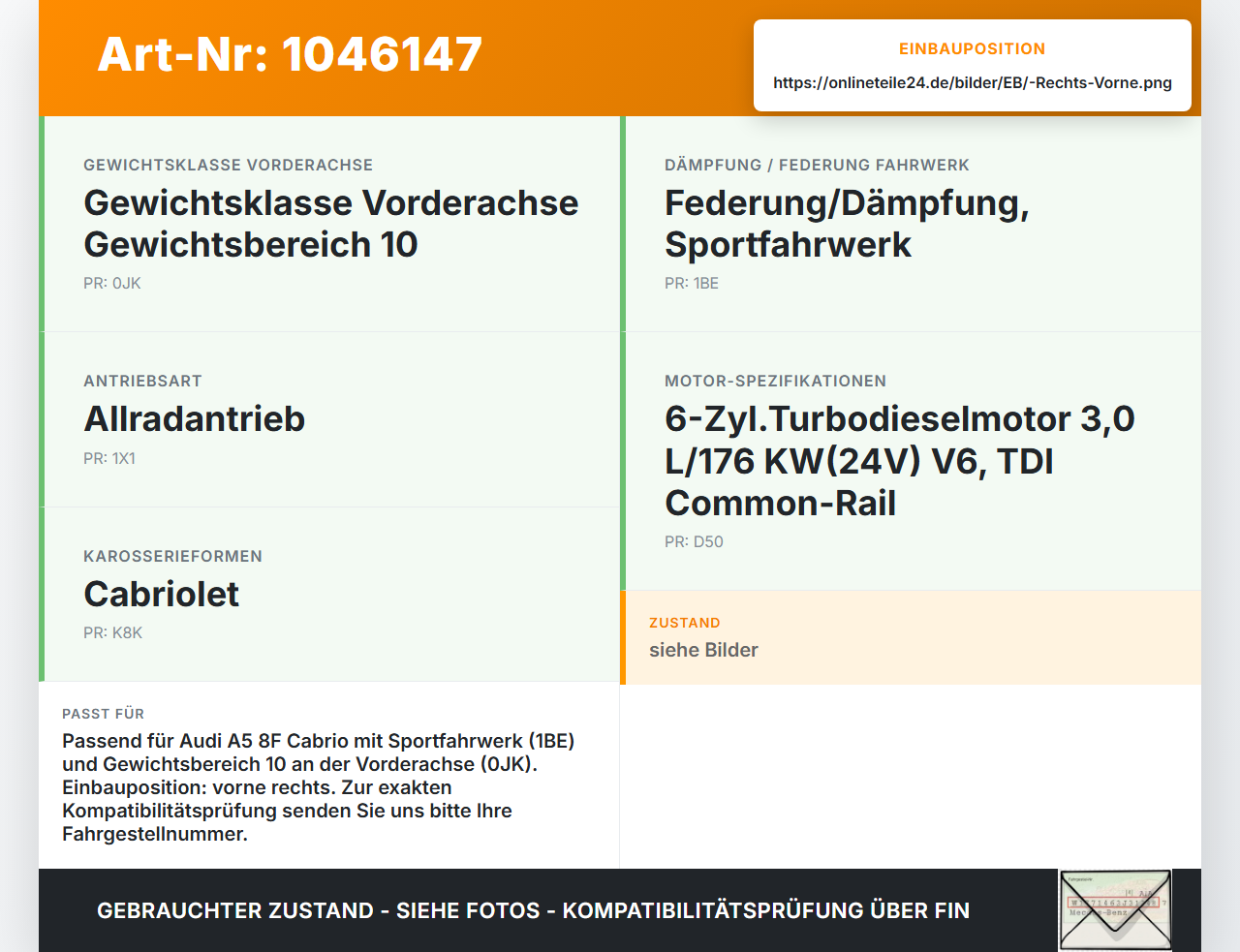 Audi A5 8F Cabrio 09-12 Cabrio Stossdämpfer Federbein Vorne Rechts Audi A5 8F Cabrio 09-12 25.08.2011 8K0413031CB... Vorschau 3