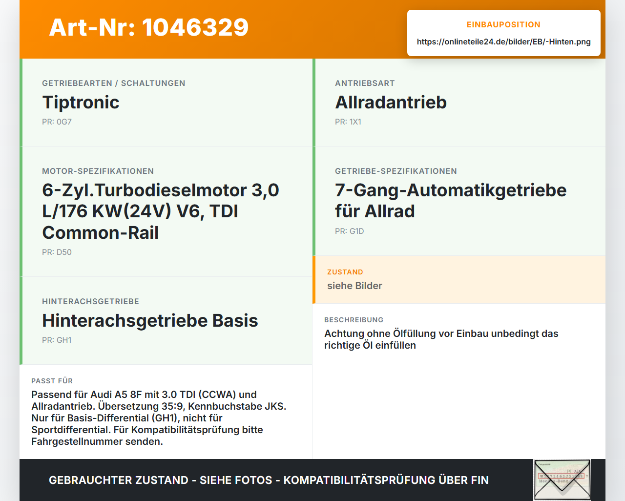 Audi A5 8F Cabrio 09-12 TDI 3,0 176KW 4WD Differential Hinterachsgetriebe Hinten 35:9 Audi A5 8F Cabrio 09-12... Vorschau 3