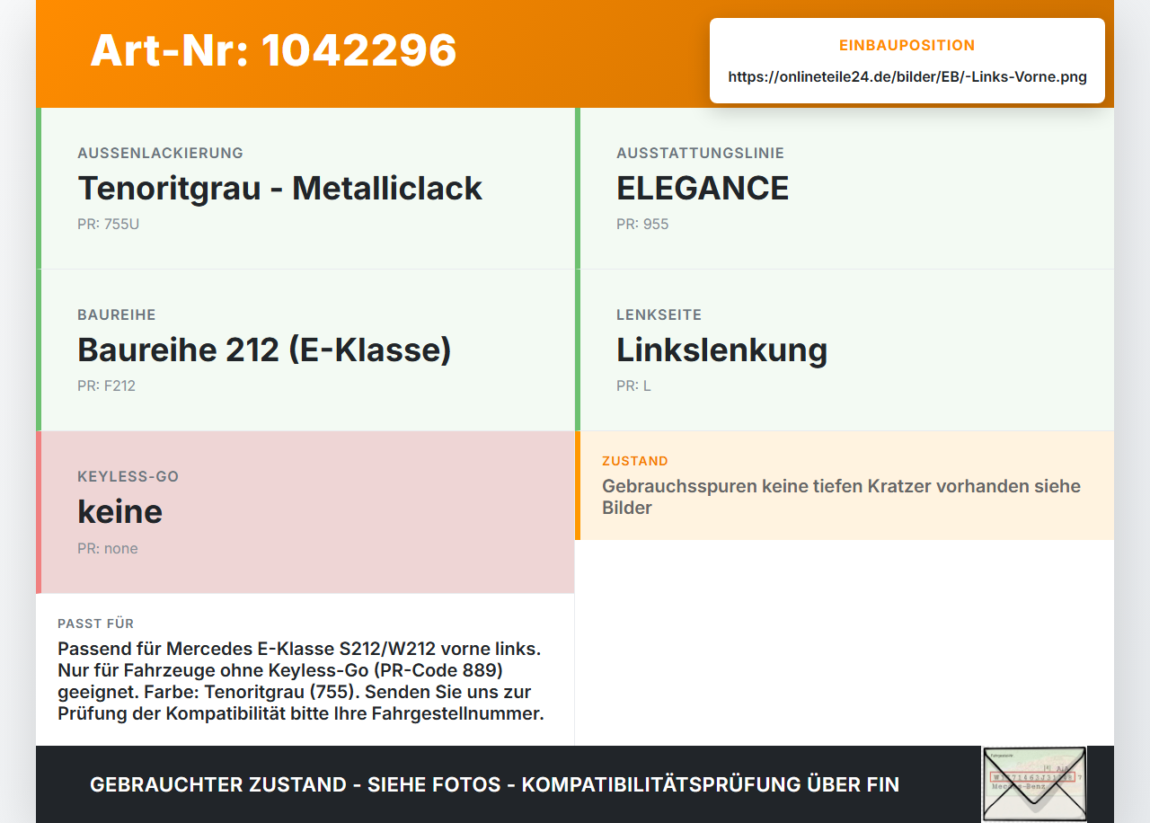 Mercedes S212 E350d 13-16 Kombi Türgriff Griff aussen Links Vorne 755 Mercedes S212 E350d 13-16 18.02.2010... Vorschau 3